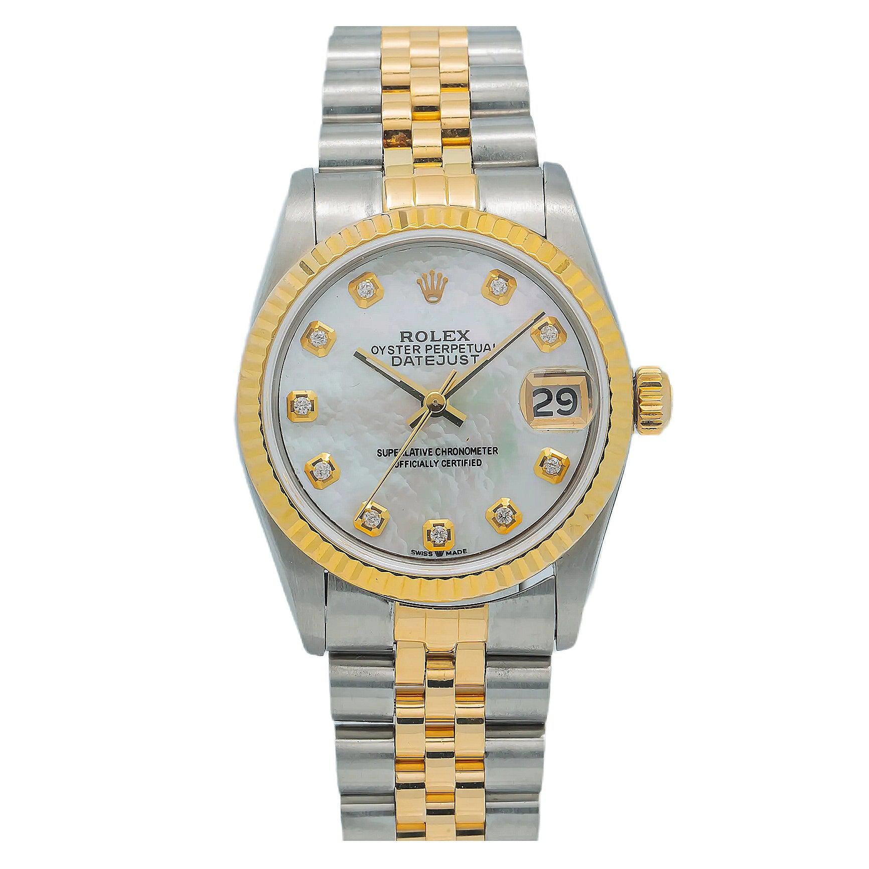 Rolex Datejust 36MM 16013 Mother of Pearl Diamond Dial Yellow Gold Fluted Bezel Two Tone Jubilee Bracelet