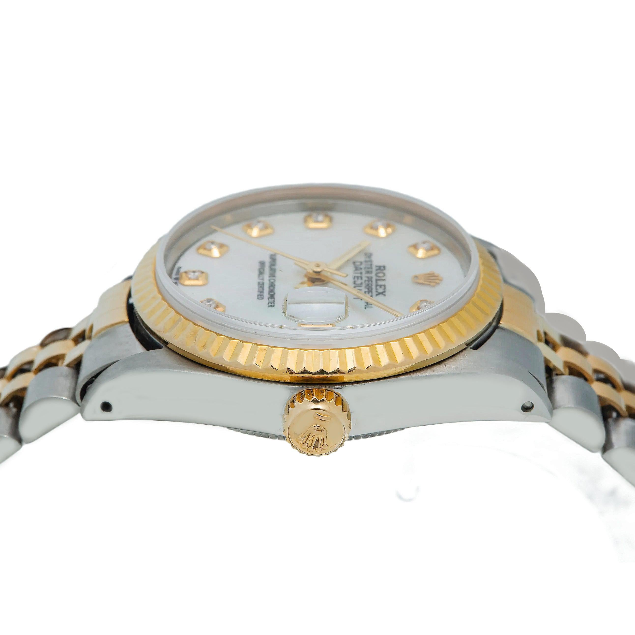 Rolex Datejust 36MM 16013 Mother of Pearl Diamond Dial Fluted Bezel Two Tone Yellow Gold Jubilee Bracelet