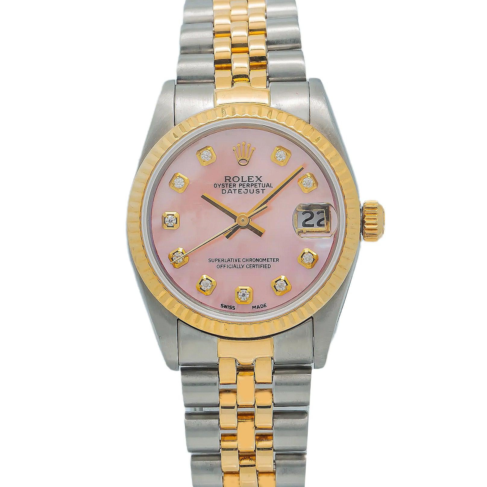 Rolex Datejust 31MM 68273 Pink Mother of Pearl Diamond Dial Yellow Gold Fluted Bezel Two Tone Jubilee Bracelet