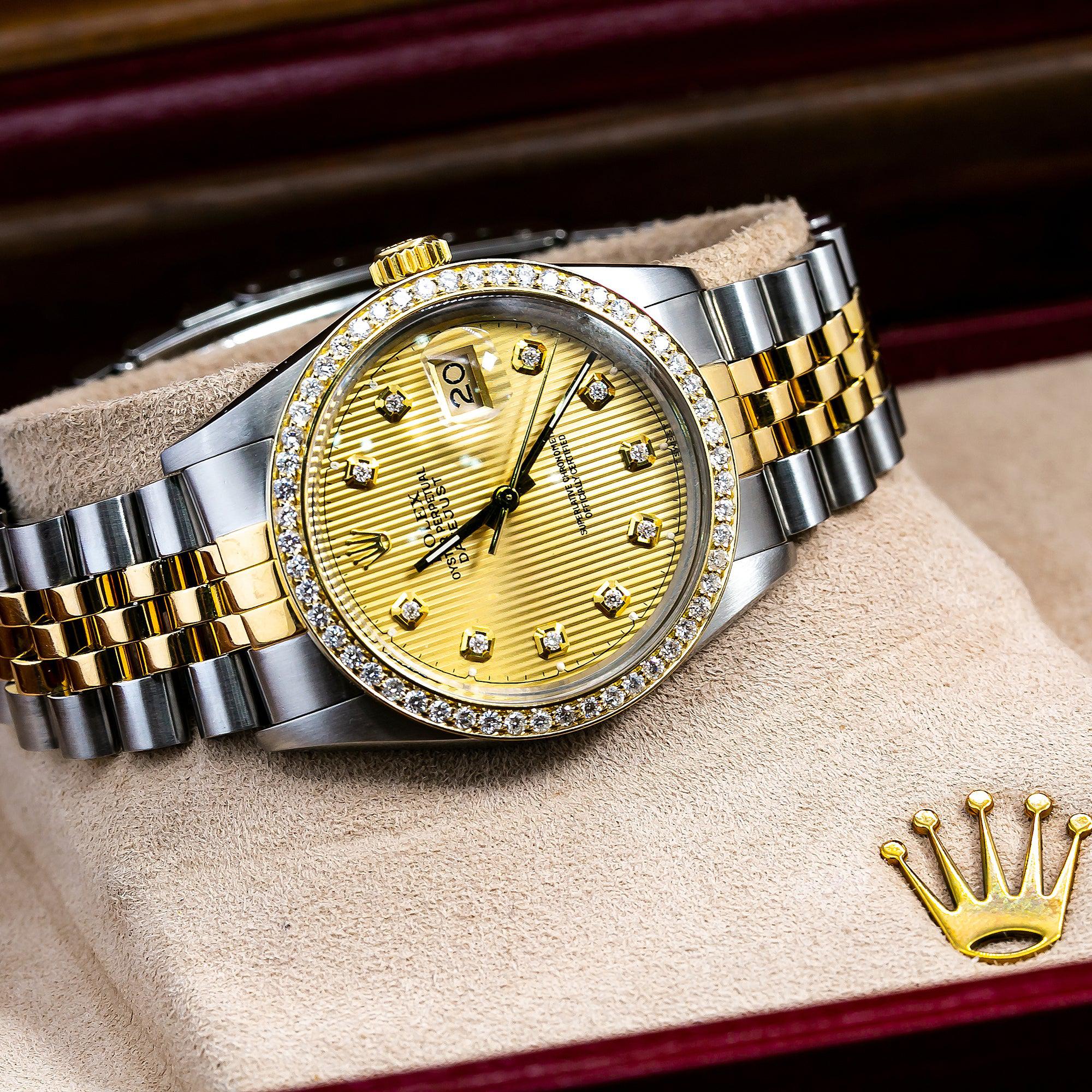 Rolex Datejust 36MM 16013 Champagne Tapestry Diamond Dial Diamond Bezel Two Tone Yellow Gold Jubilee Bracelet