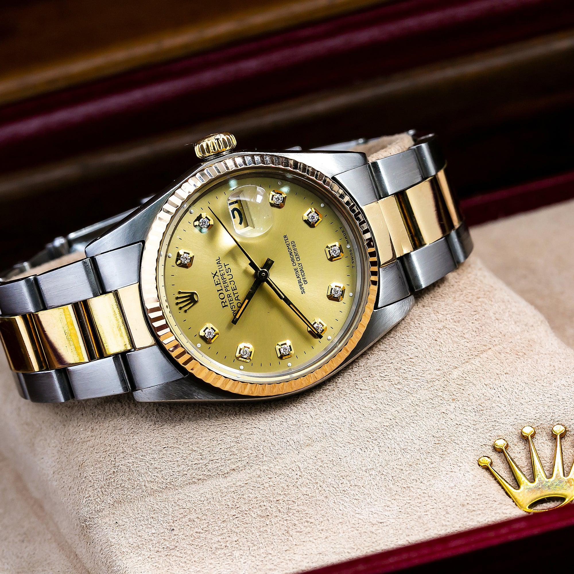 Rolex Datejust 36MM 16013 Champagne Diamond Dial Fluted Bezel Two Tone Yellow Gold Oyster Bracelet