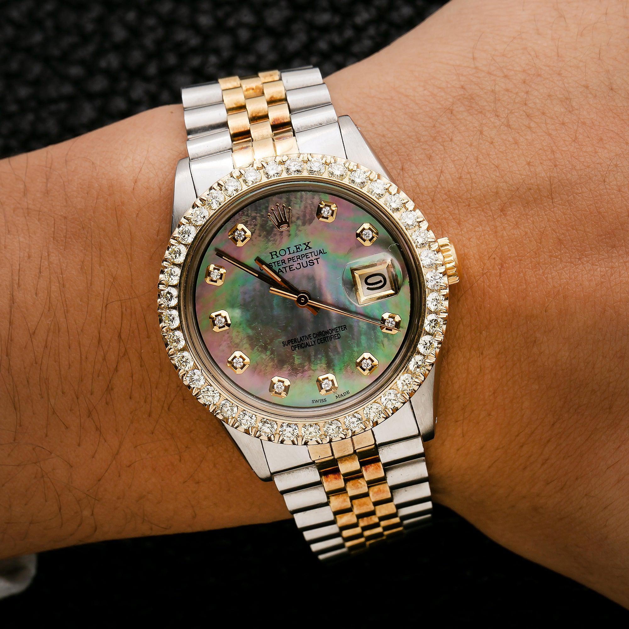 Rolex Datejust 36MM 1601 Black Mother of Pearl Diamond Dial Diamond Bezel Two Tone Yellow Gold Jubilee Bracelet 1.3ct