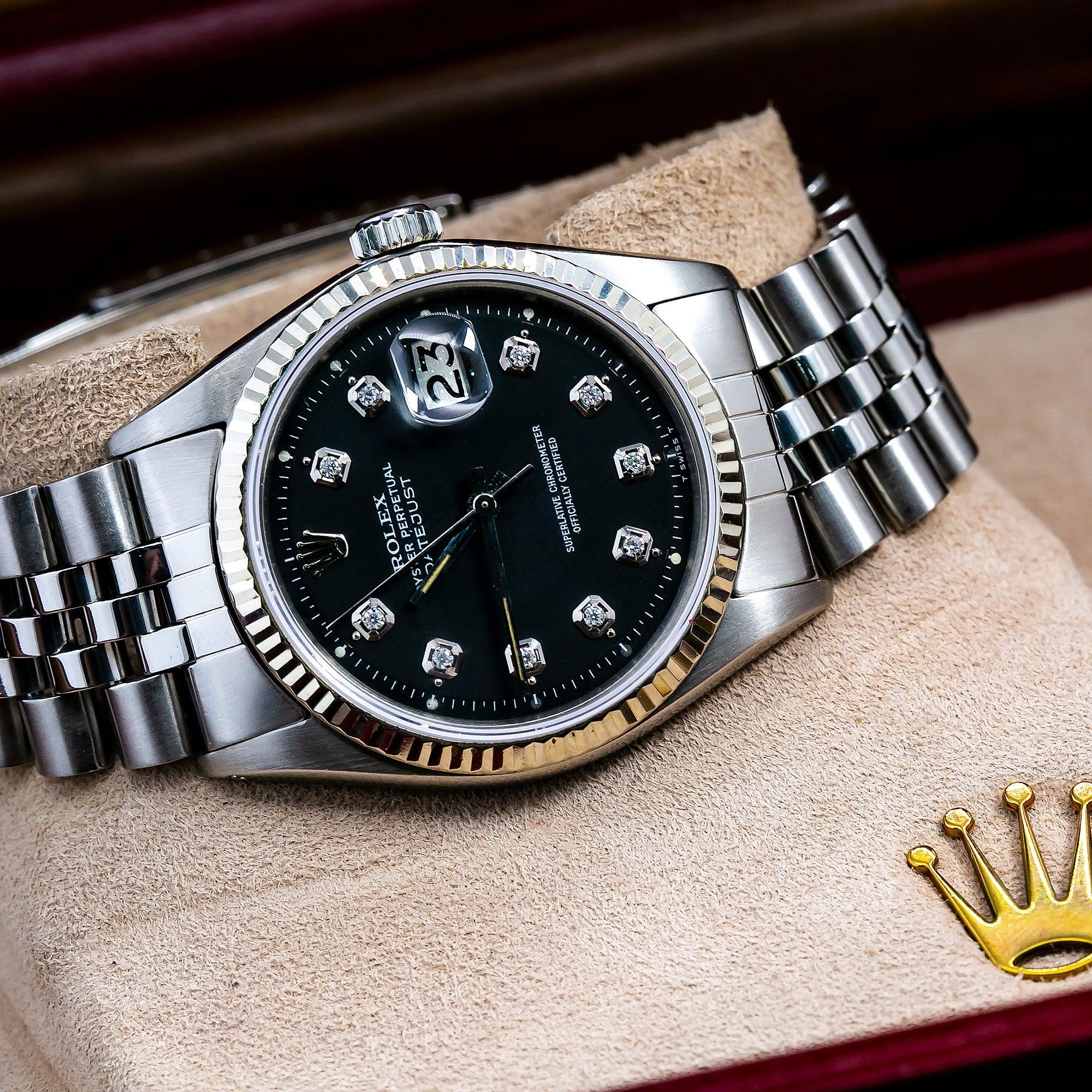 Rolex Datejust 36MM 1601 Black Diamond Dial Fluted Bezel Stainless Steel Jubilee Bracelet