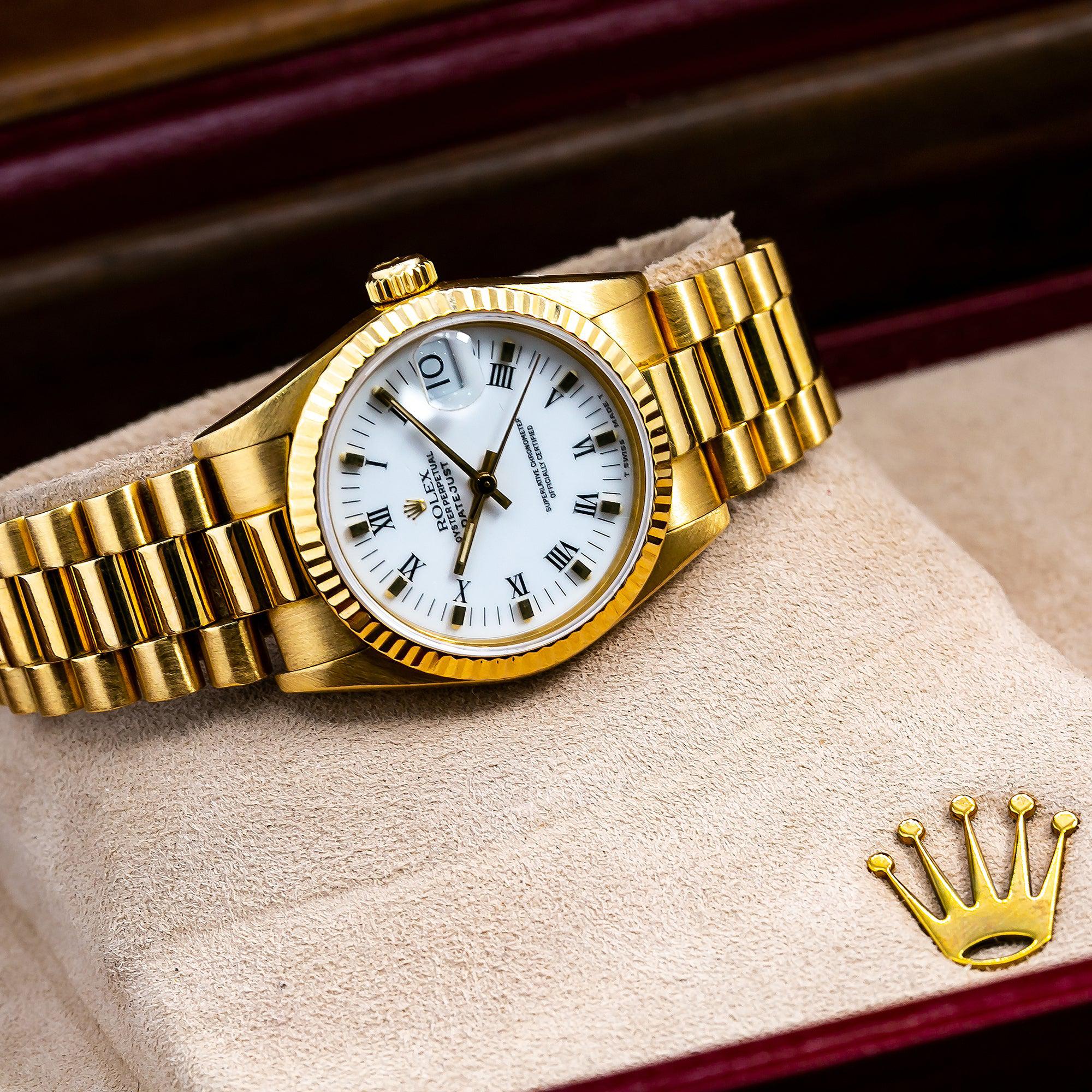 Rolex Datejust 31MM 68278 White Roman Dial Fluted Bezel 18K Yellow Gold President Bracelet