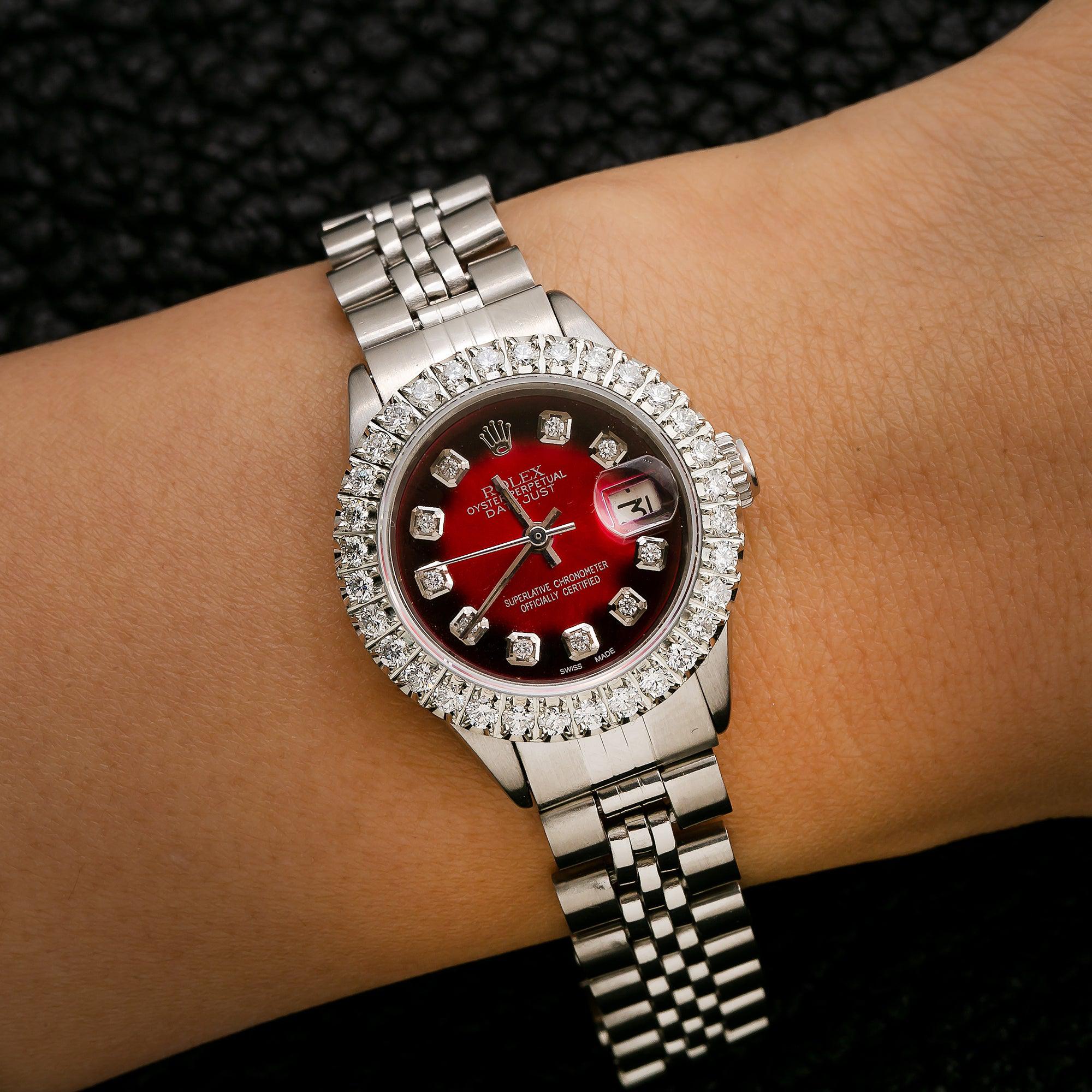 Rolex Datejust 26MM 69174 Red Diamond Dial Diamond Bezel Stainless Steel Jubilee Bracelet