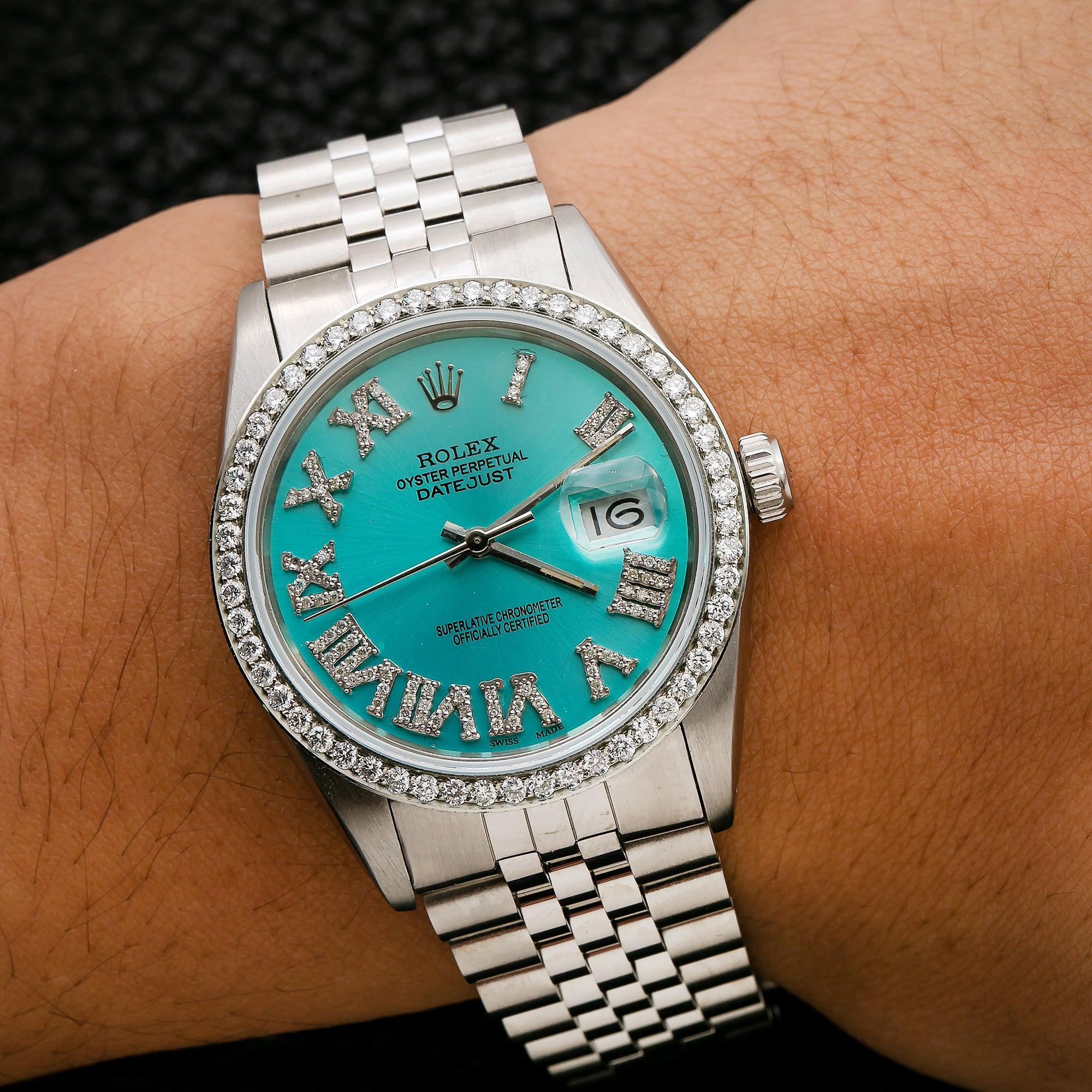 Rolex Datejust 36MM 1601 Turquoise Roman Diamond Dial Diamond Bezel Stainless Steel Jubilee Bracelet