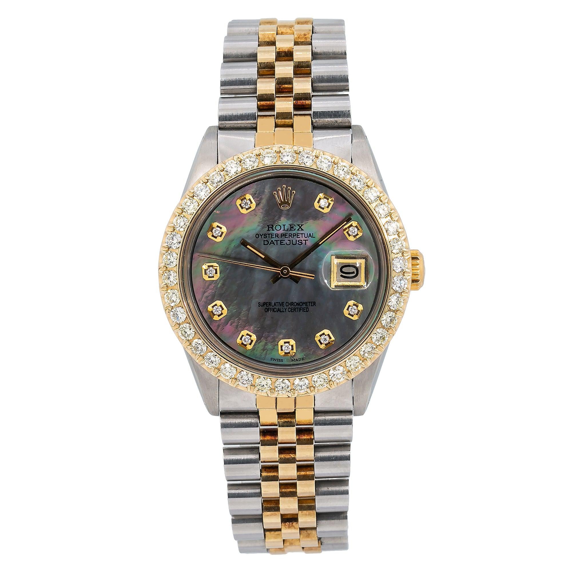 Rolex Datejust 36MM 1601 Black Mother of Pearl Diamond Dial Diamond Bezel Two Tone Jubilee Bracelet 1.3ct