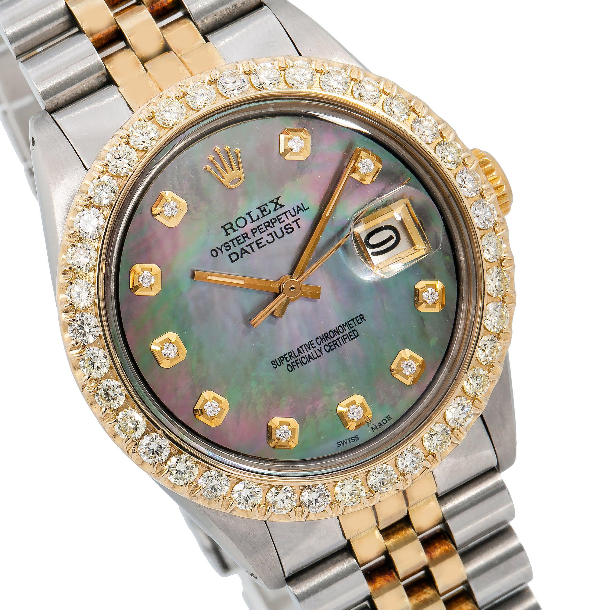 Rolex Datejust 36MM 1601 Black Mother of Pearl Diamond Dial Diamond Bezel Two Tone Yellow Gold Jubilee Bracelet 1.3ct