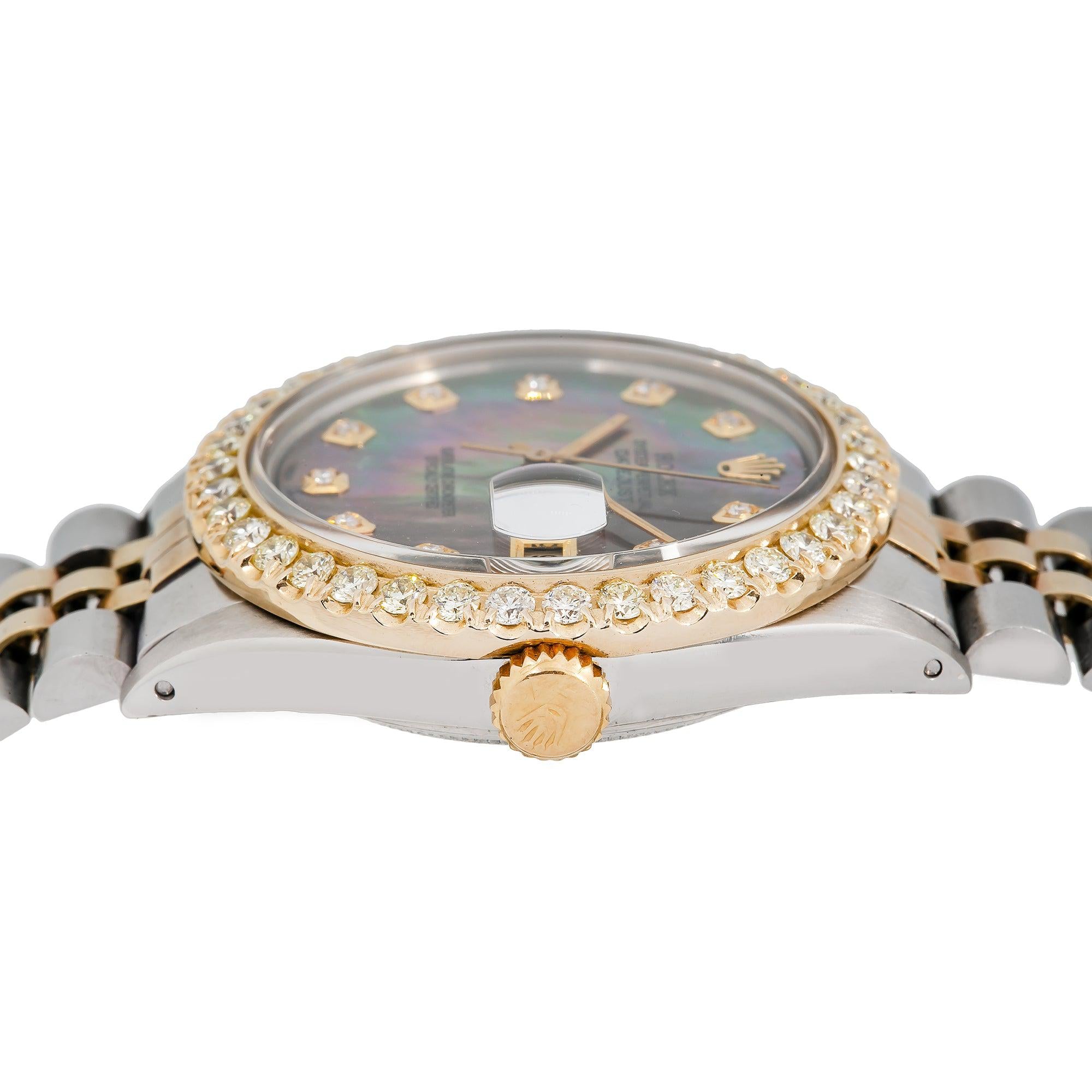Rolex Datejust 36MM 1601 Black Mother of Pearl Diamond Dial Diamond Bezel Two Tone Yellow Gold Jubilee Bracelet 1.3ct