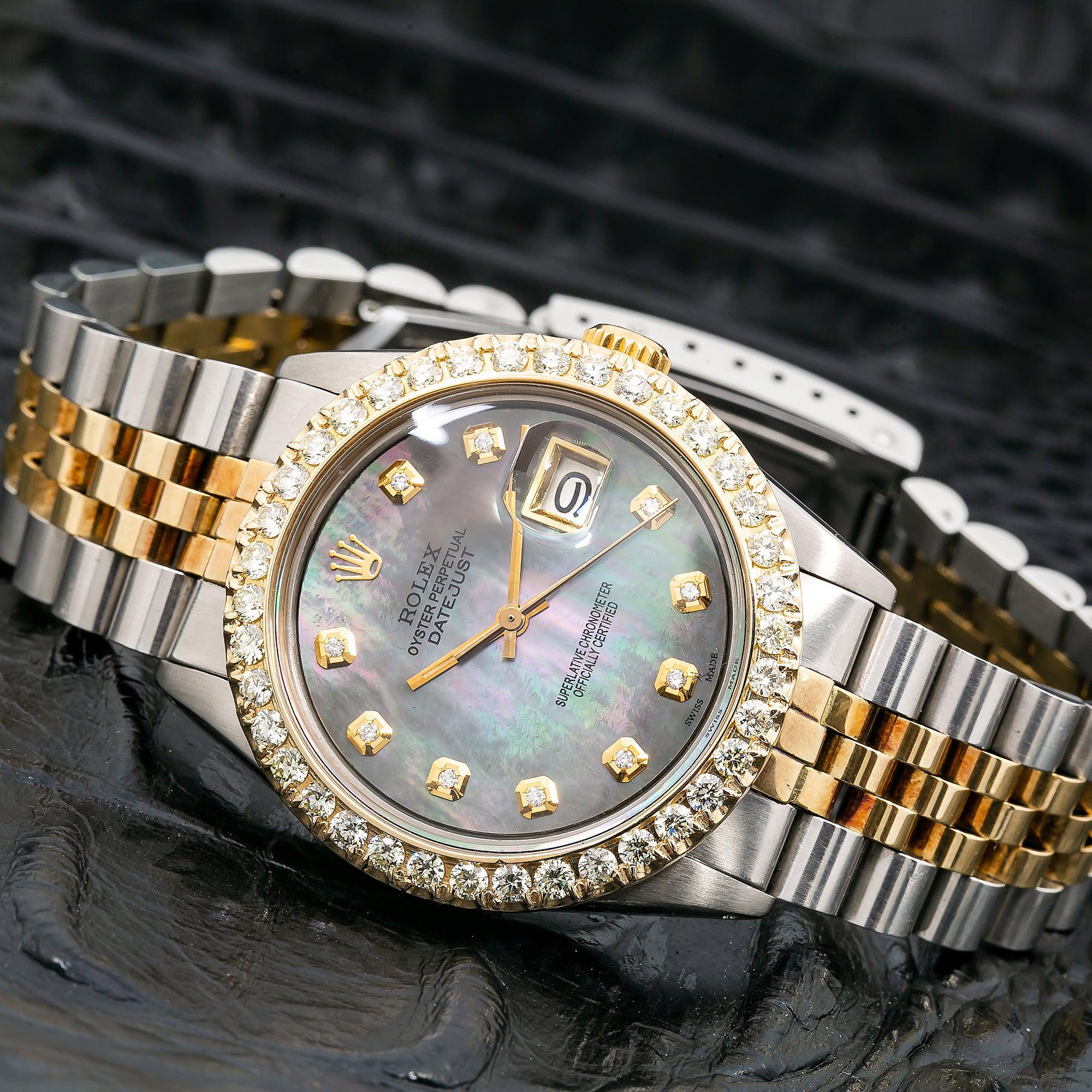 Rolex Datejust 36MM 1601 Black Mother of Pearl Diamond Dial Diamond Bezel Two Tone Yellow Gold Jubilee Bracelet 1.3ct