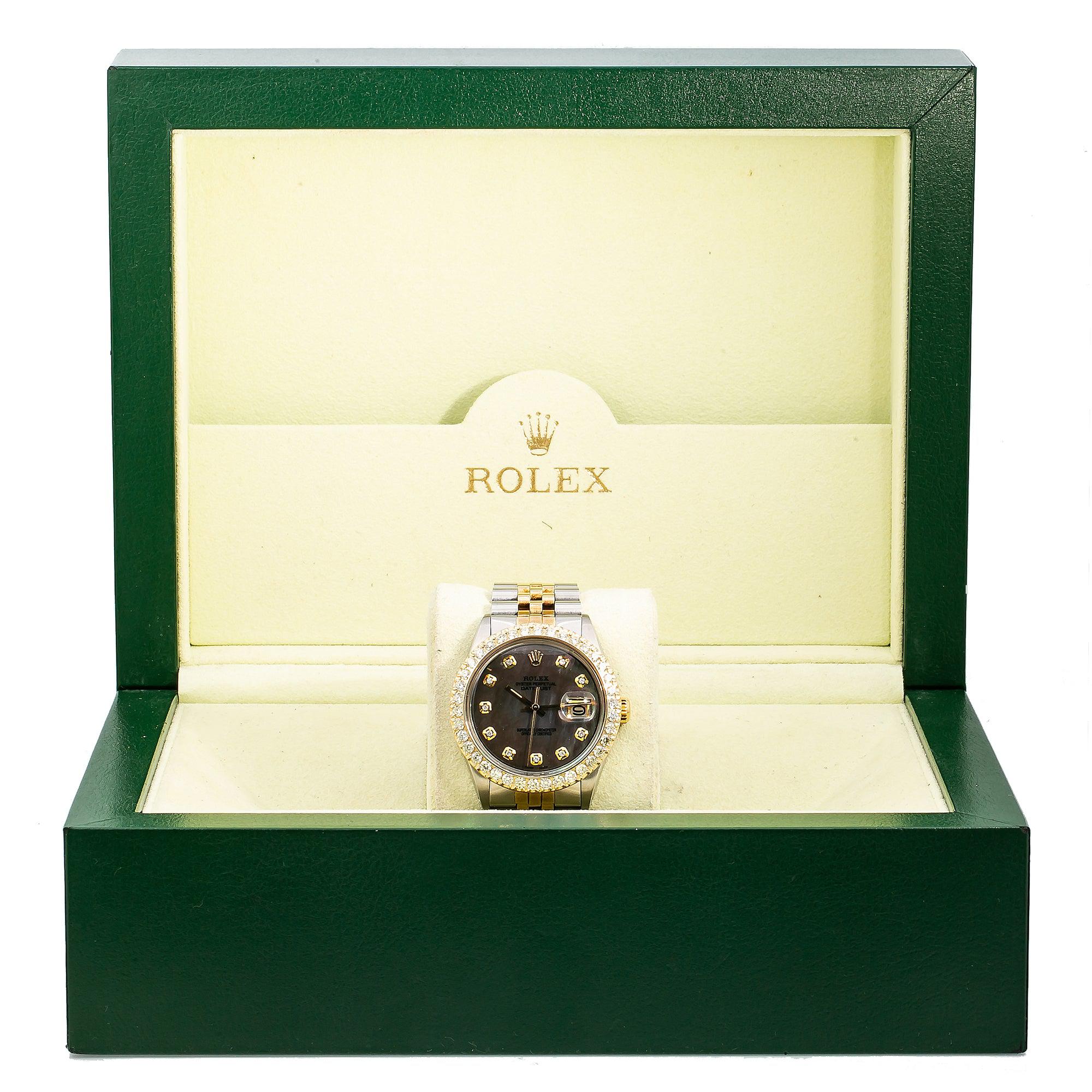 Rolex Datejust 36MM 1601 Black Mother of Pearl Diamond Dial Diamond Bezel Two Tone Yellow Gold Jubilee Bracelet 1.3ct