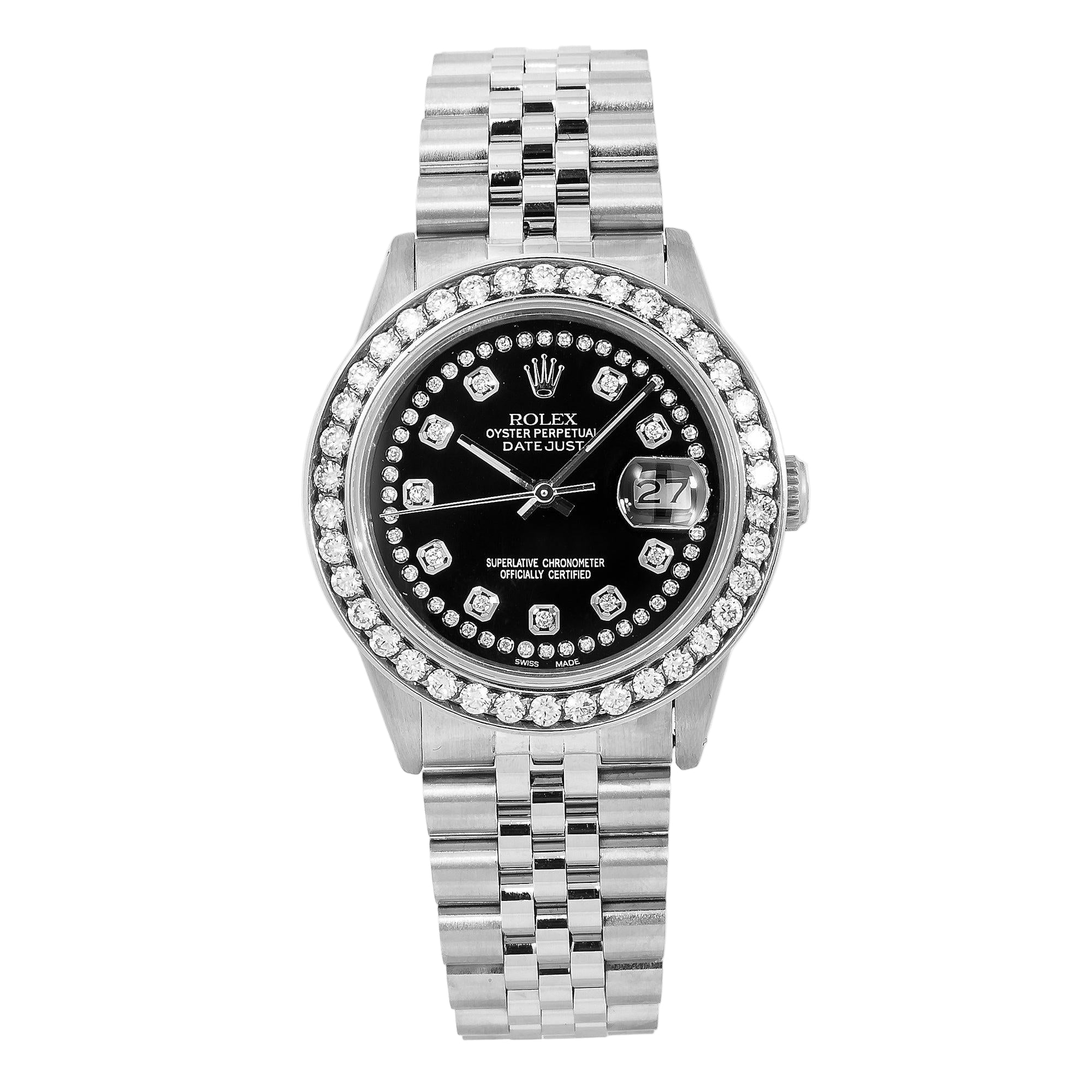 Rolex Datejust 36MM 16030 Black Diamond Dial Diamond Bezel Stainless Steel Jubilee Bracelet 1.5ct