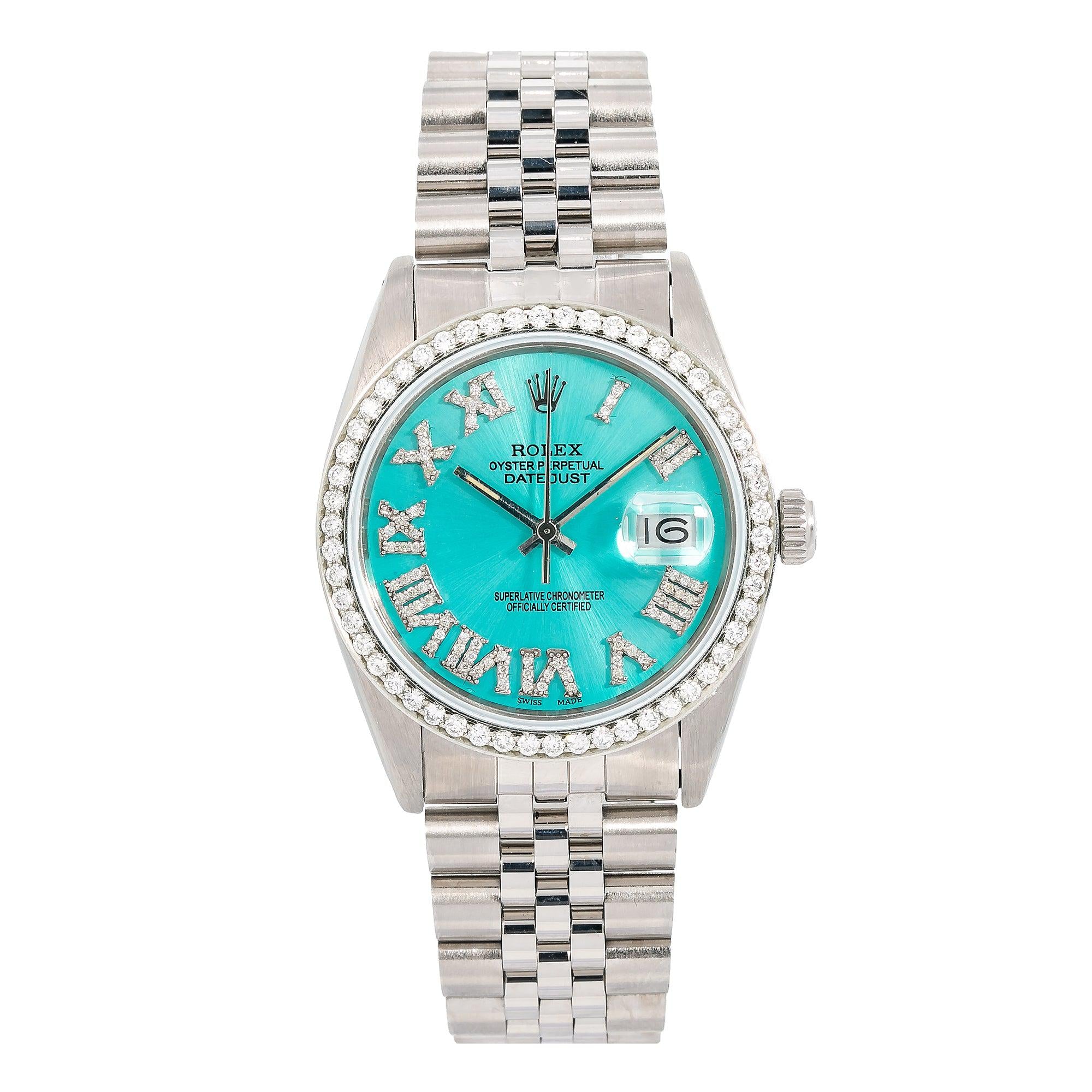 Rolex Datejust 36MM 1601 Turquoise Roman Dial Diamond Bezel Stainless Steel Jubilee Bracelet