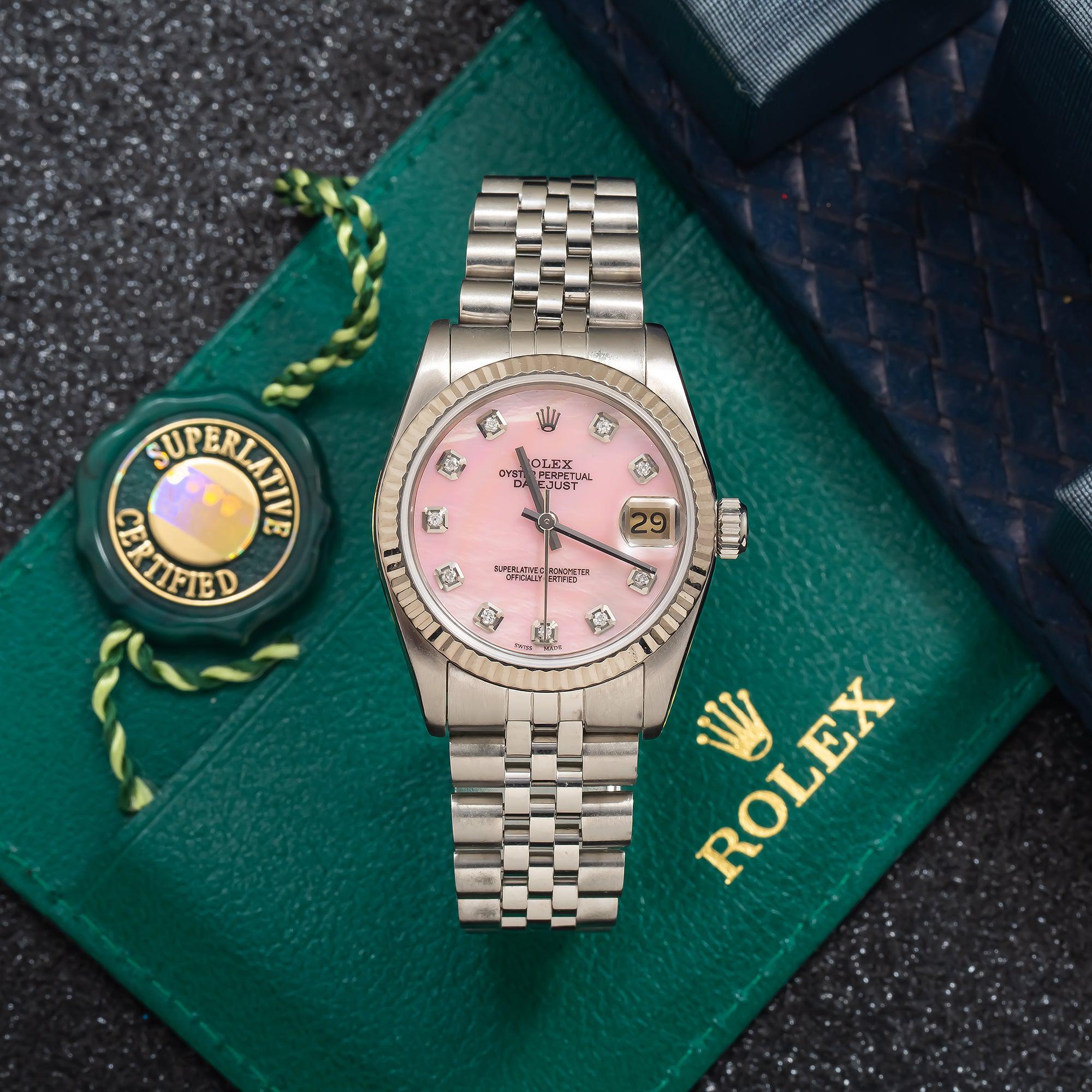 Rolex Datejust 31MM 68274 Pink Mother of Pearl Diamond Dial Fluted Bezel Stainless Steel Jubilee Bracelet