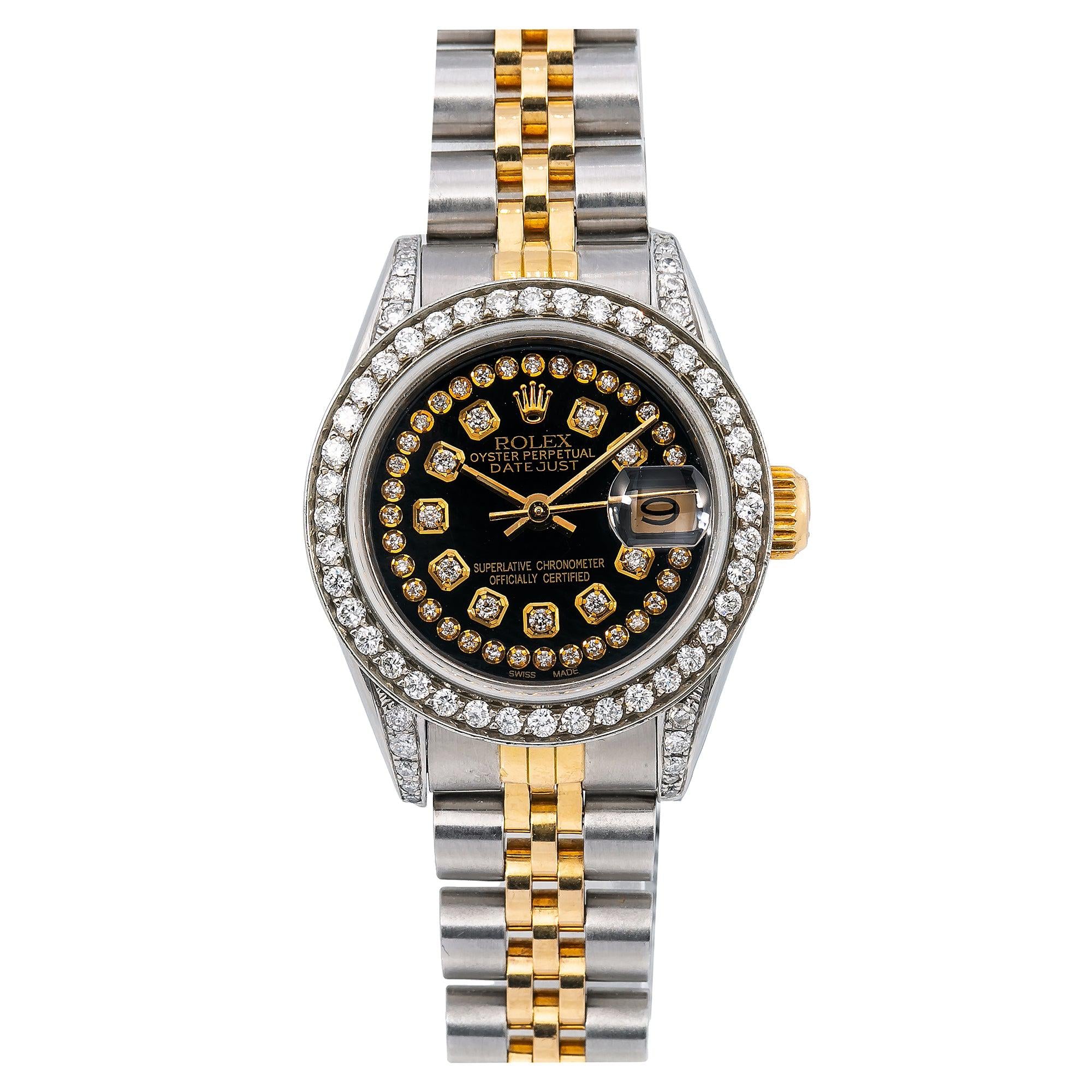 Rolex Datejust 26MM 69173 Black Diamond Dial Diamond Bezel Two Tone Jubilee Bracelet 1.2ct