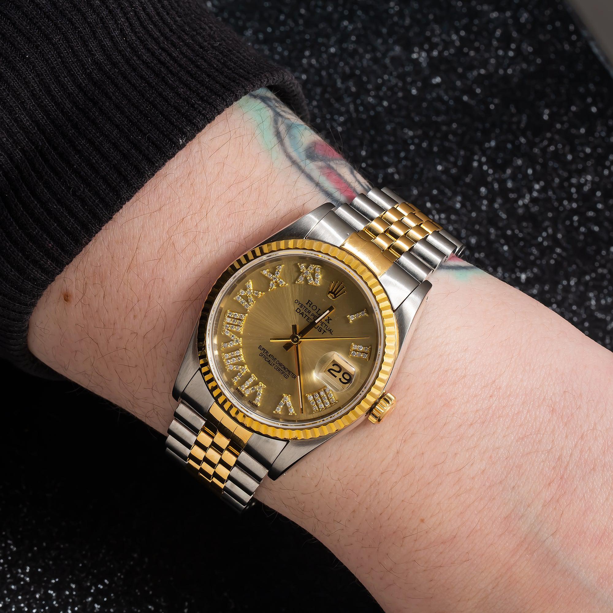 Rolex Datejust 36MM 16013 Champagne Roman Diamond Dial Fluted Bezel Two Tone Yellow Gold Jubilee Bracelet