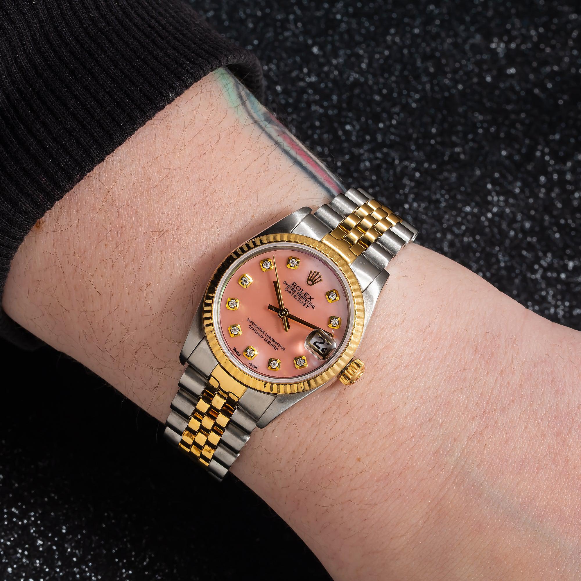 Rolex Datejust 31MM 68273 Pink Mother of Pearl Diamond Dial Fluted Bezel Two Tone Yellow Gold Jubilee Bracelet