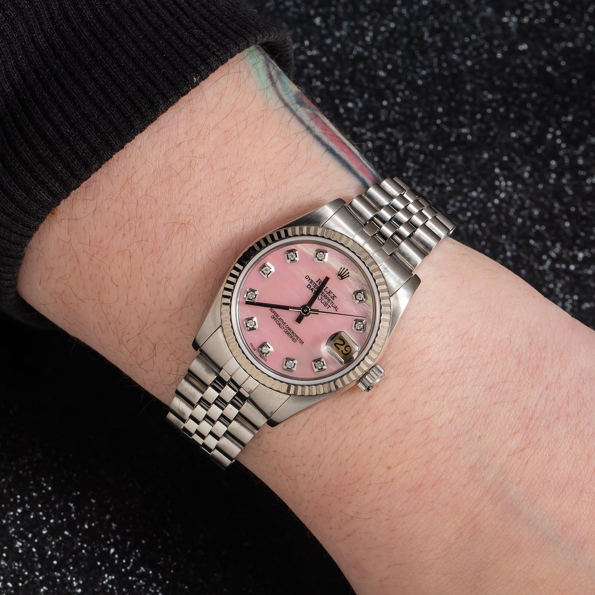 Rolex Datejust 31MM 68274 Pink Mother of Pearl Diamond Dial Fluted Bezel Stainless Steel Jubilee Bracelet