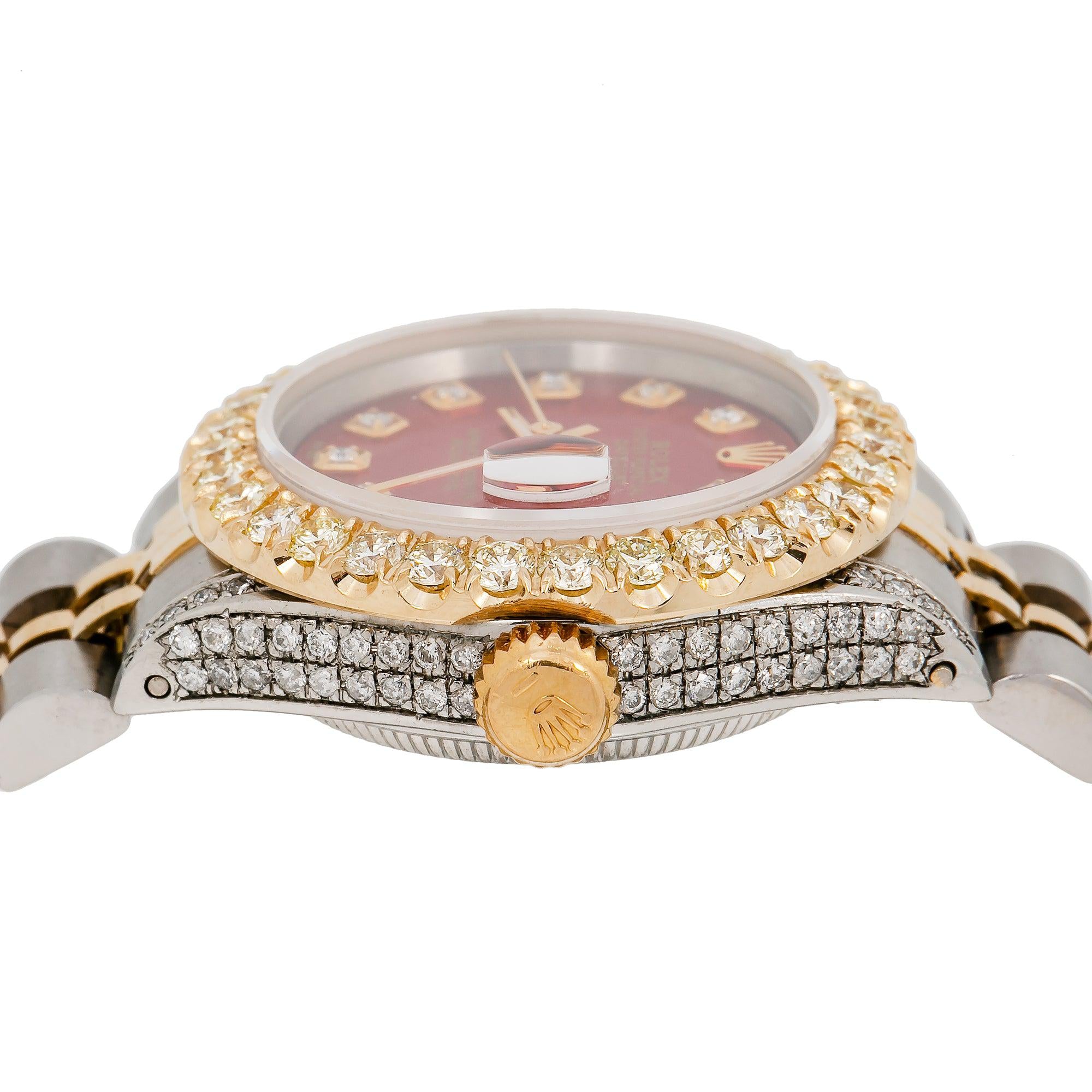 Rolex Datejust 26MM 6917 Red Diamond Dial Diamond Bezel Two Tone Yellow Gold Jubilee Bracelet 2.25ct