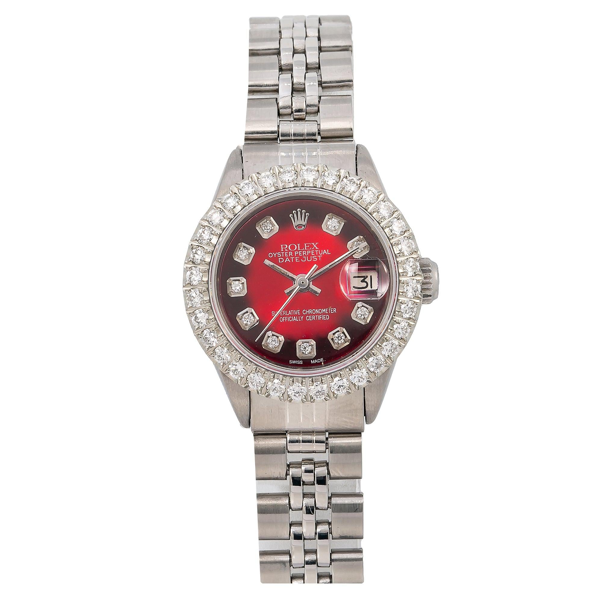 Rolex Datejust 26MM 69174 Red Diamond Dial Diamond Bezel Stainless Steel Jubilee Bracelet