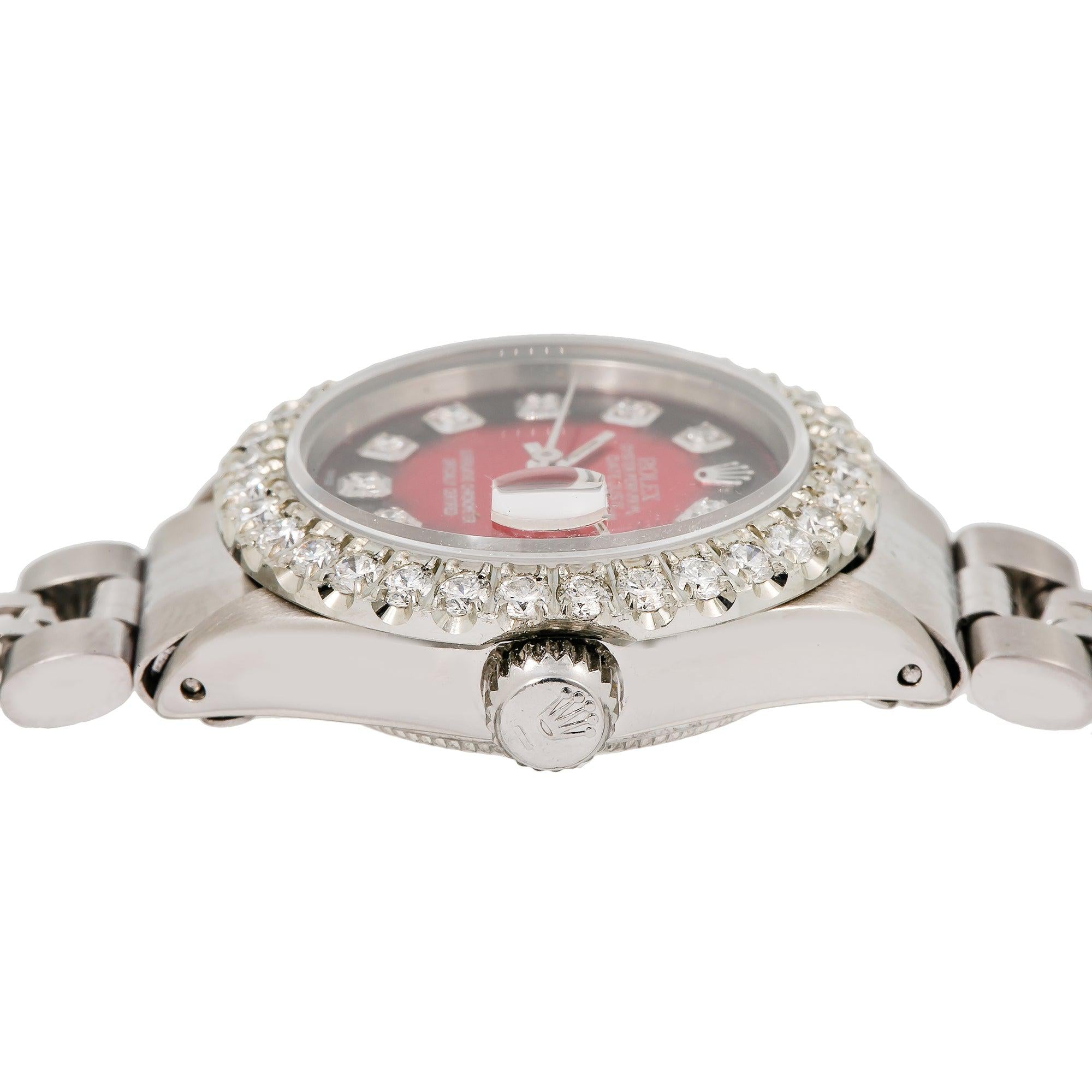 Rolex Datejust 26MM 69174 Red Diamond Dial Diamond Bezel Stainless Steel Jubilee Bracelet