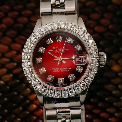 Ladies Rolex Datejust 69174 26MM Red Diamond Dial With Stainless Steel Jubilee Bracelet