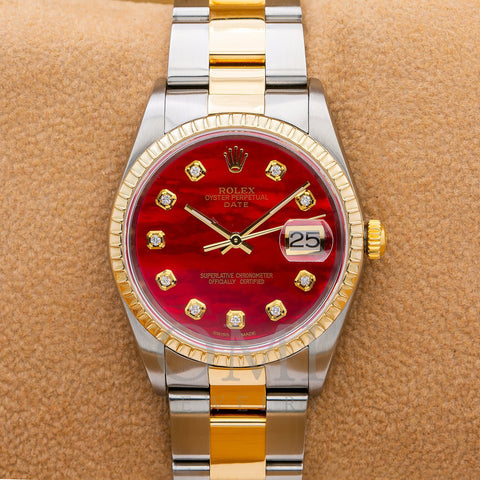 Rolex Oyster Perpetual Date 15223 34MM Red Diamond Dial With 1.20 CT Diamonds