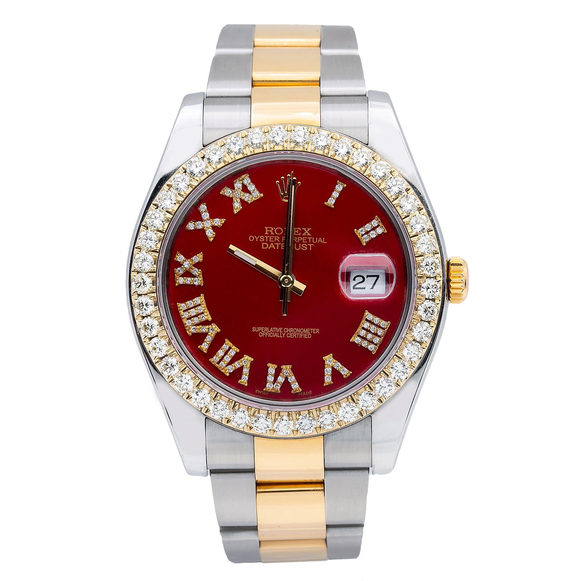 Rolex Datejust II 41MM 116333 Red Roman Dial Diamond Bezel Two Tone Oyster Bracelet