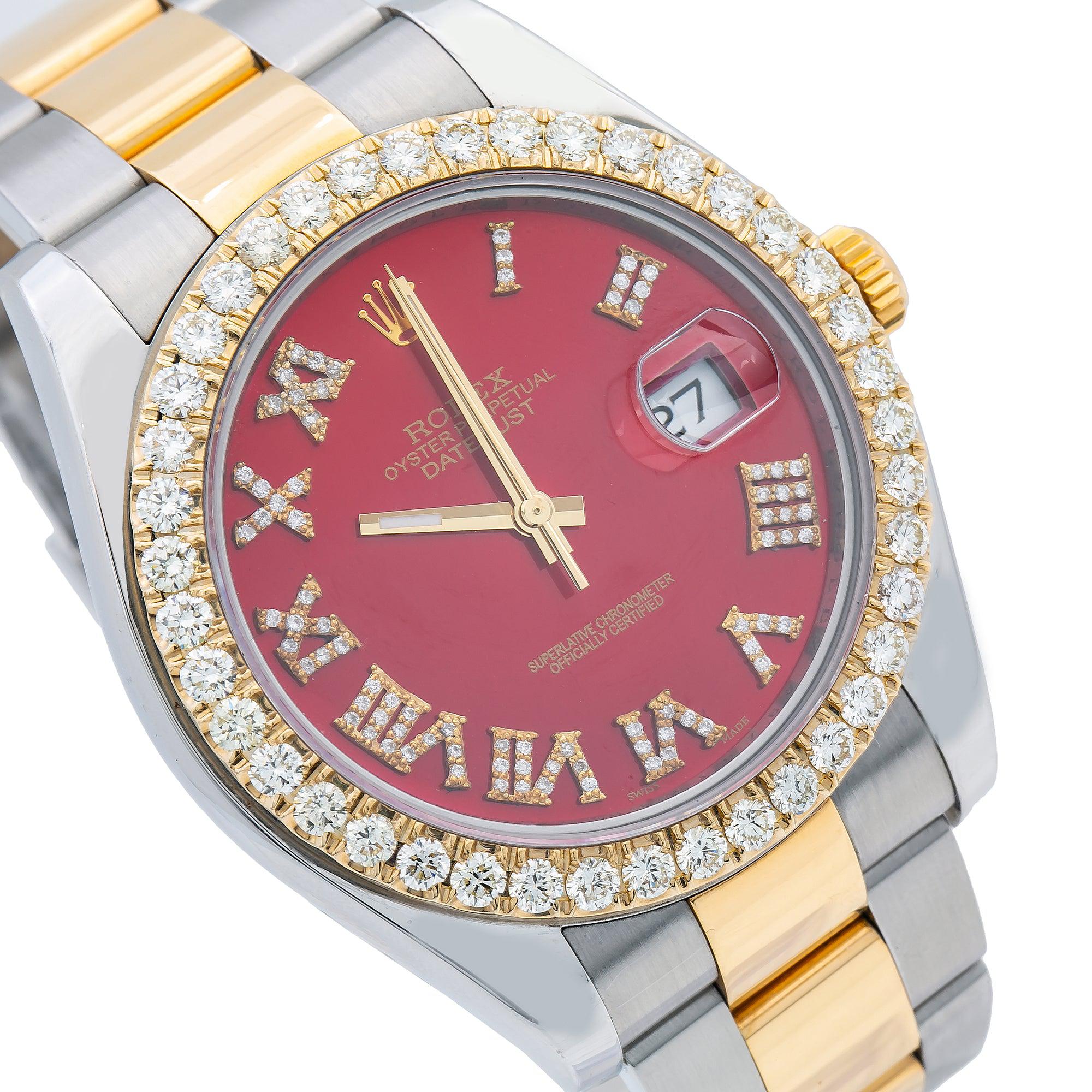 Rolex Datejust II 41MM 116333 Red Roman Diamond Dial Diamond Bezel Two Tone Yellow Gold Oyster Bracelet