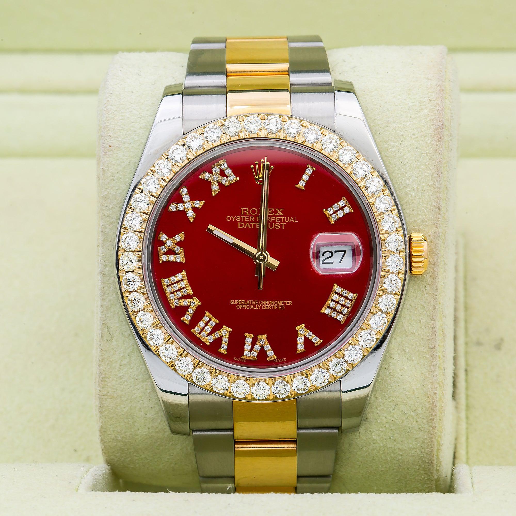 Rolex Datejust II 41MM 116333 Red Roman Diamond Dial Diamond Bezel Two Tone Yellow Gold Oyster Bracelet
