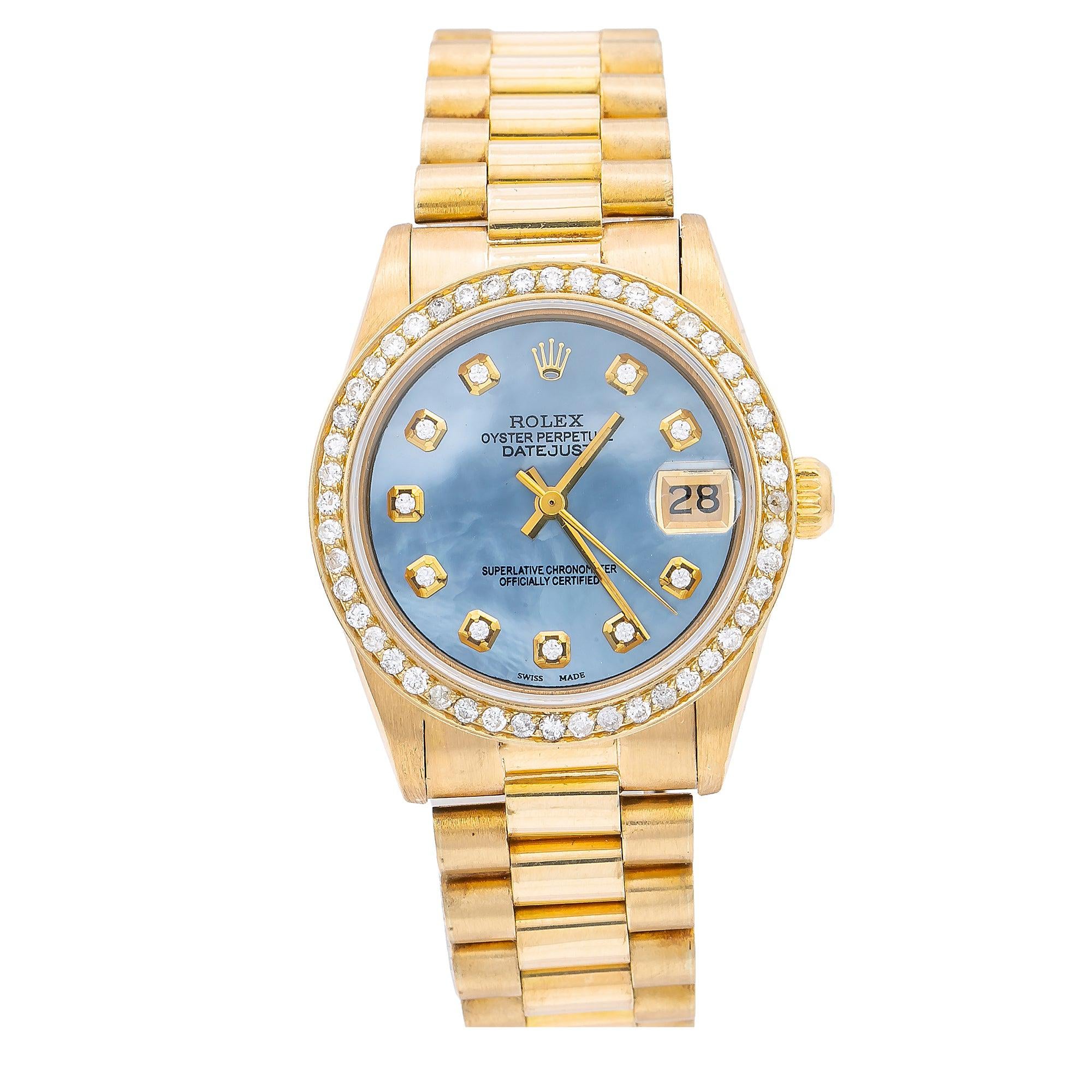 Rolex Datejust 31MM 68278 Blue Mother of Pearl Diamond Dial Diamond Bezel 18K Yellow Gold President Bracelet 1.05ct