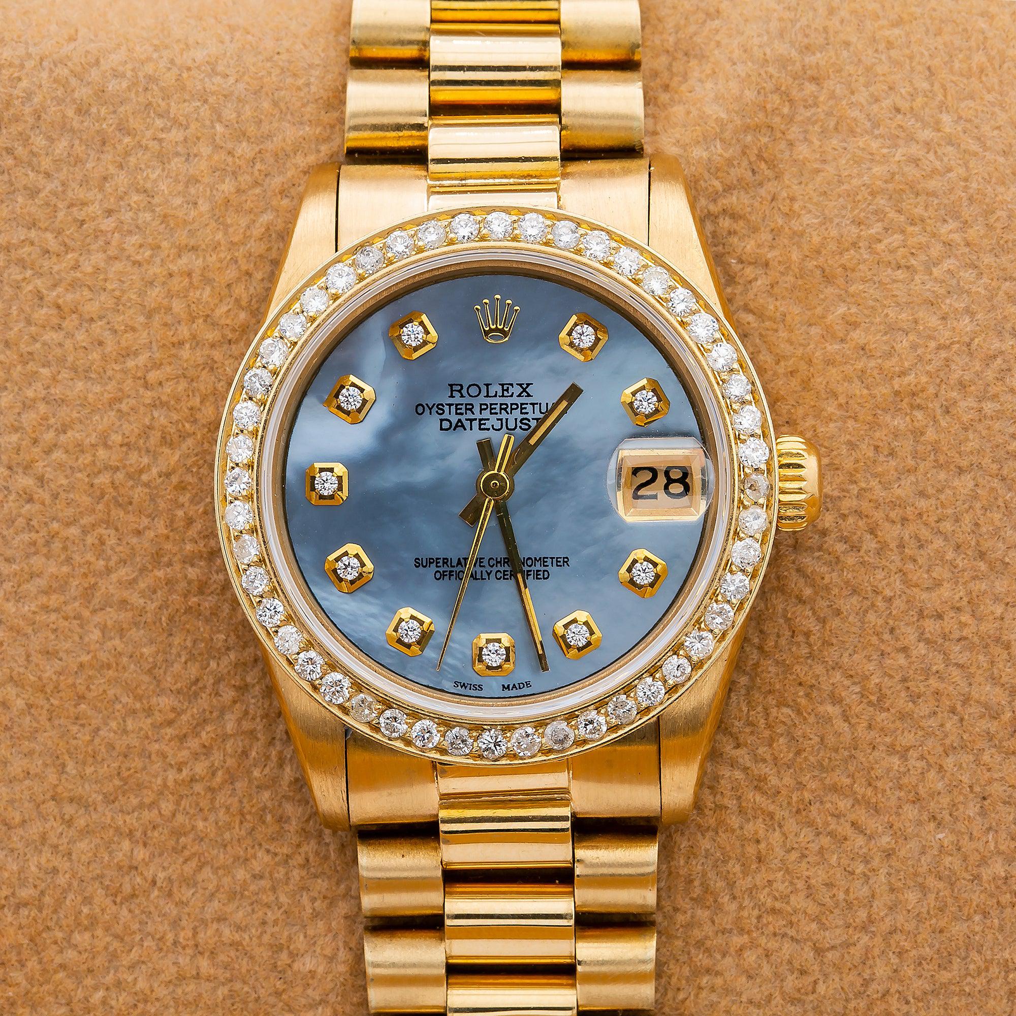 Rolex Datejust 31MM 68278 Blue Mother of Pearl Diamond Dial Diamond Bezel 18K Yellow Gold President Bracelet 1.05ct