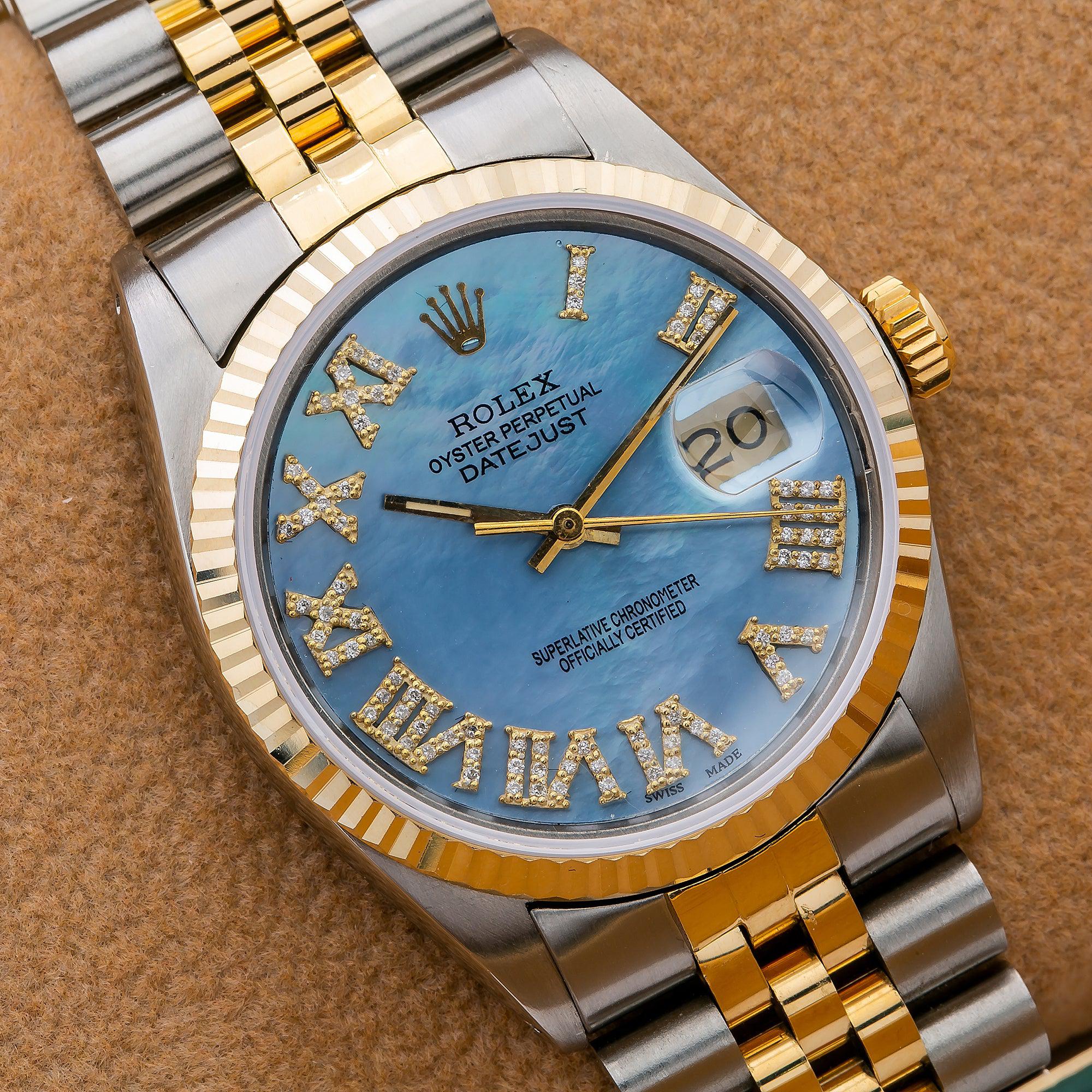 Rolex Datejust 36MM 16013 Blue Mother of Pearl Roman Diamond Dial Fluted Bezel Two Tone Yellow Gold Jubilee Bracelet 3.25ct