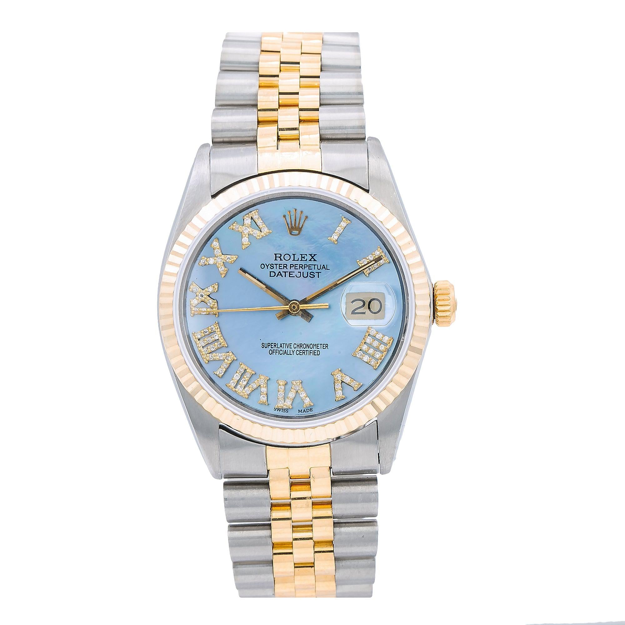 Rolex Datejust 36MM 16013 Blue Mother of Pearl Roman Dial Yellow Gold Fluted Bezel Two Tone Jubilee Bracelet 3.25ct