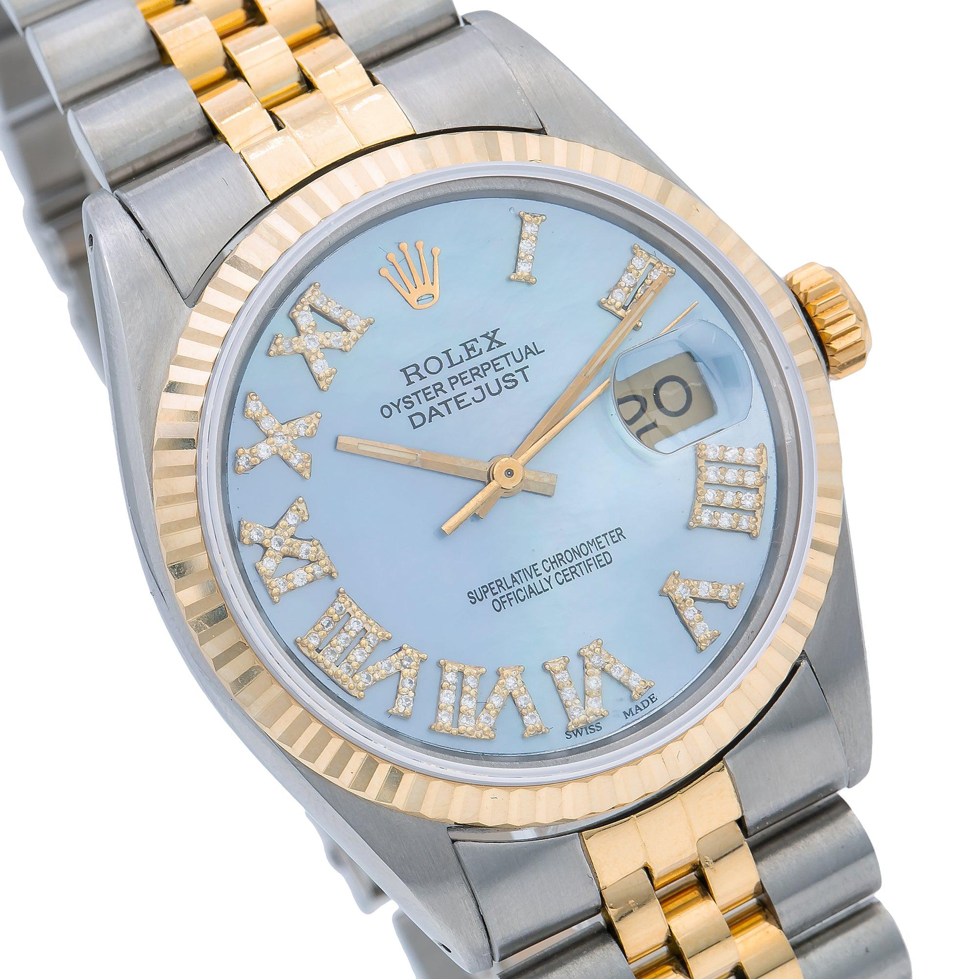 Rolex Datejust 36MM 16013 Blue Mother of Pearl Roman Diamond Dial Fluted Bezel Two Tone Yellow Gold Jubilee Bracelet 3.25ct