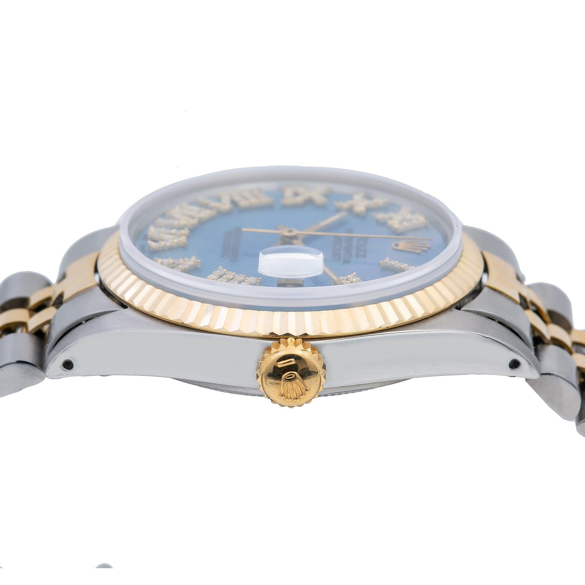 Rolex Datejust 36MM 16013 Blue Mother of Pearl Roman Diamond Dial Fluted Bezel Two Tone Yellow Gold Jubilee Bracelet 3.25ct