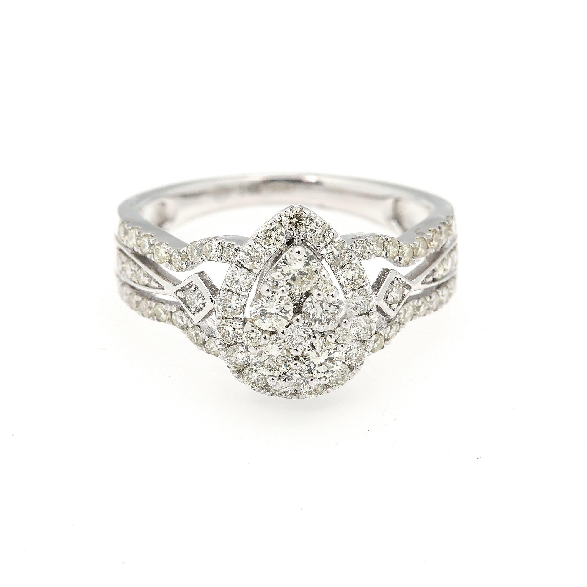 14K GOLD PEAR CLUSTER RING 1.5 CT SINGLE HALO SPLIT SHANK WITH MIDDLE DIAMONDS