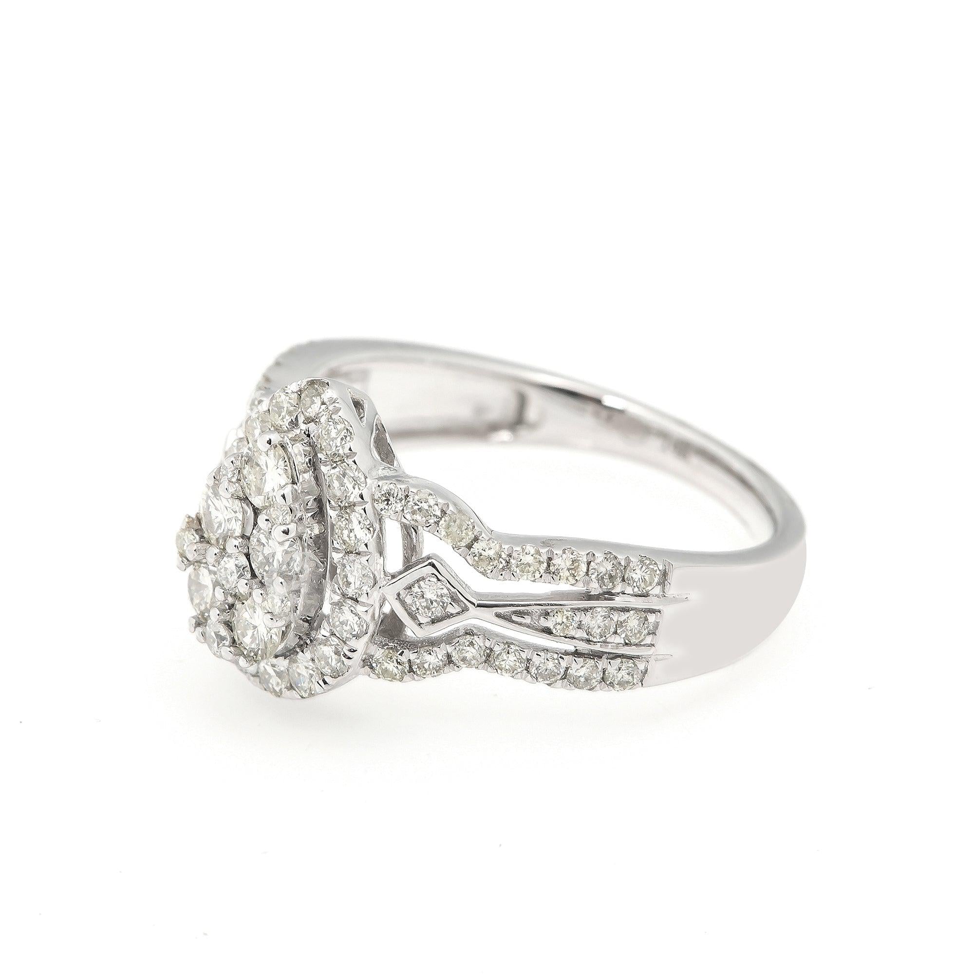 14K GOLD PEAR CLUSTER RING 1.5 CT SINGLE HALO SPLIT SHANK WITH MIDDLE DIAMONDS