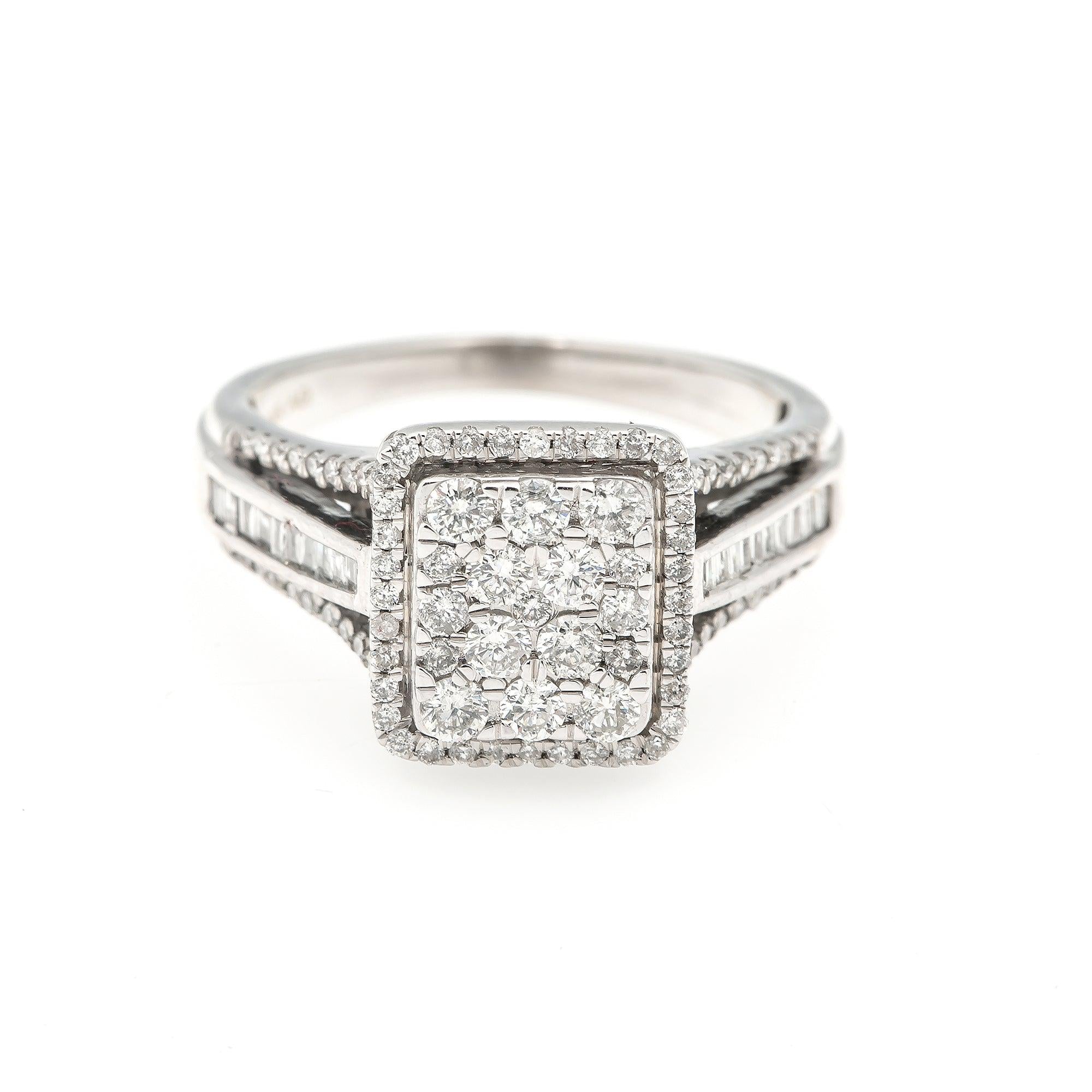 14K WHITE GOLD RECTANGLE CLUSTER ENGAGEMENT RING WITH 1.5 CT DIAMONDS