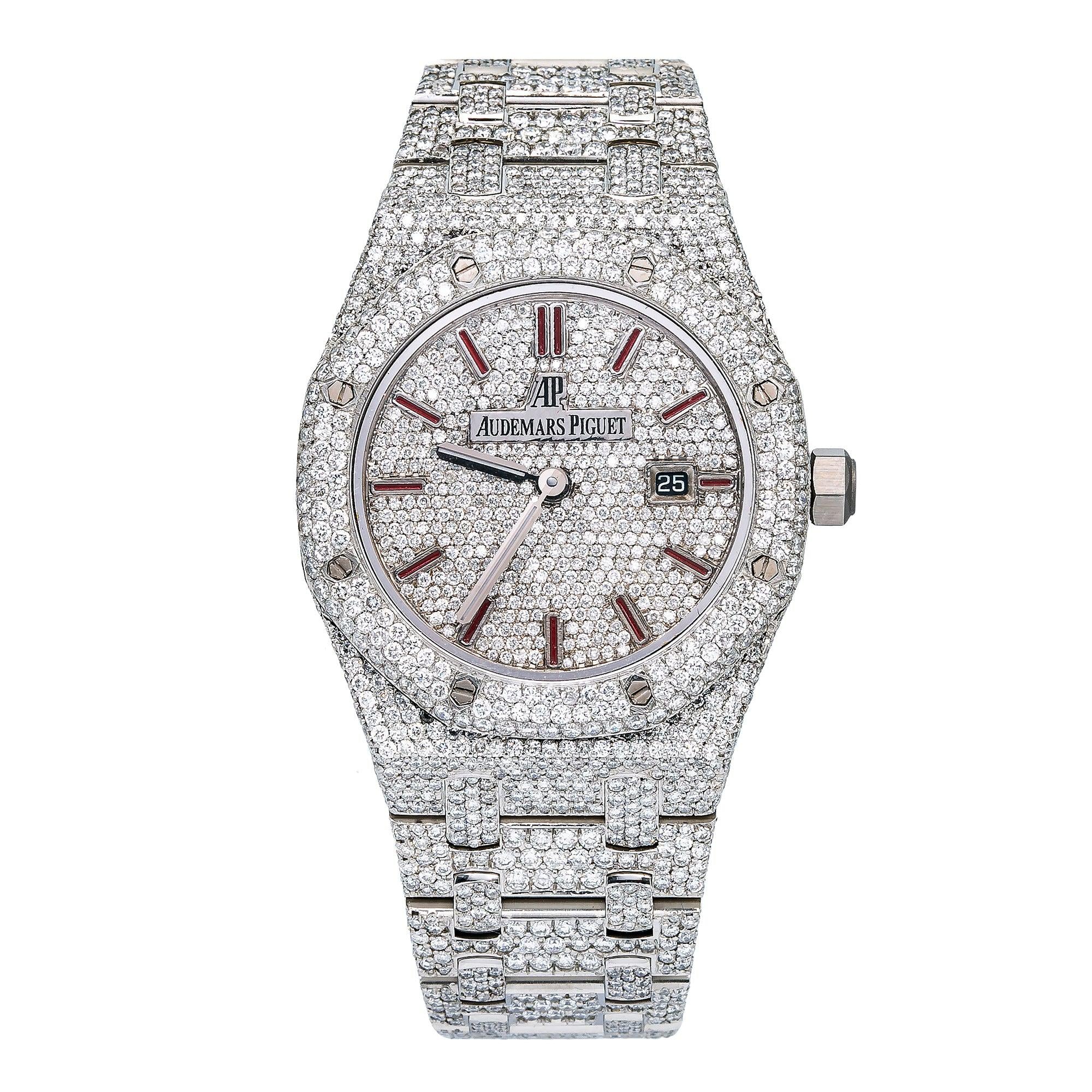 Audemars Piguet Royal Oak 33MM 67650ST Diamond Paved Dial Custom Aftermarket Stainless Steel Bracelet 15.75ct