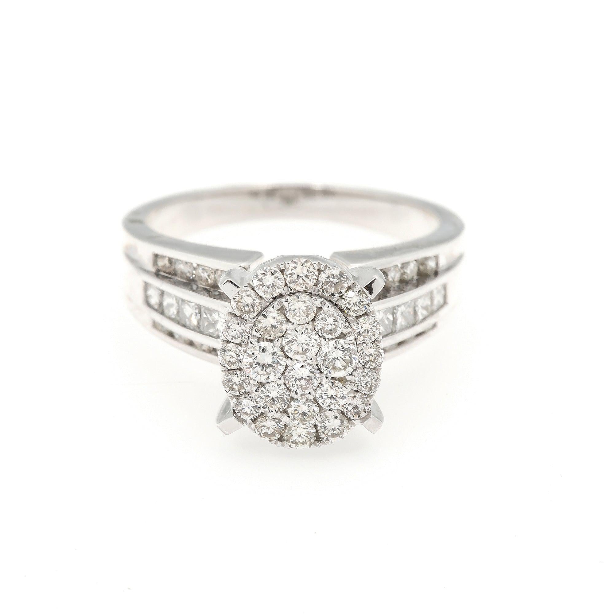 14K WHITE GOLD OVAL CLUSTER ENGAGEMENT RING WITH 1.75 CT DIAMONDS