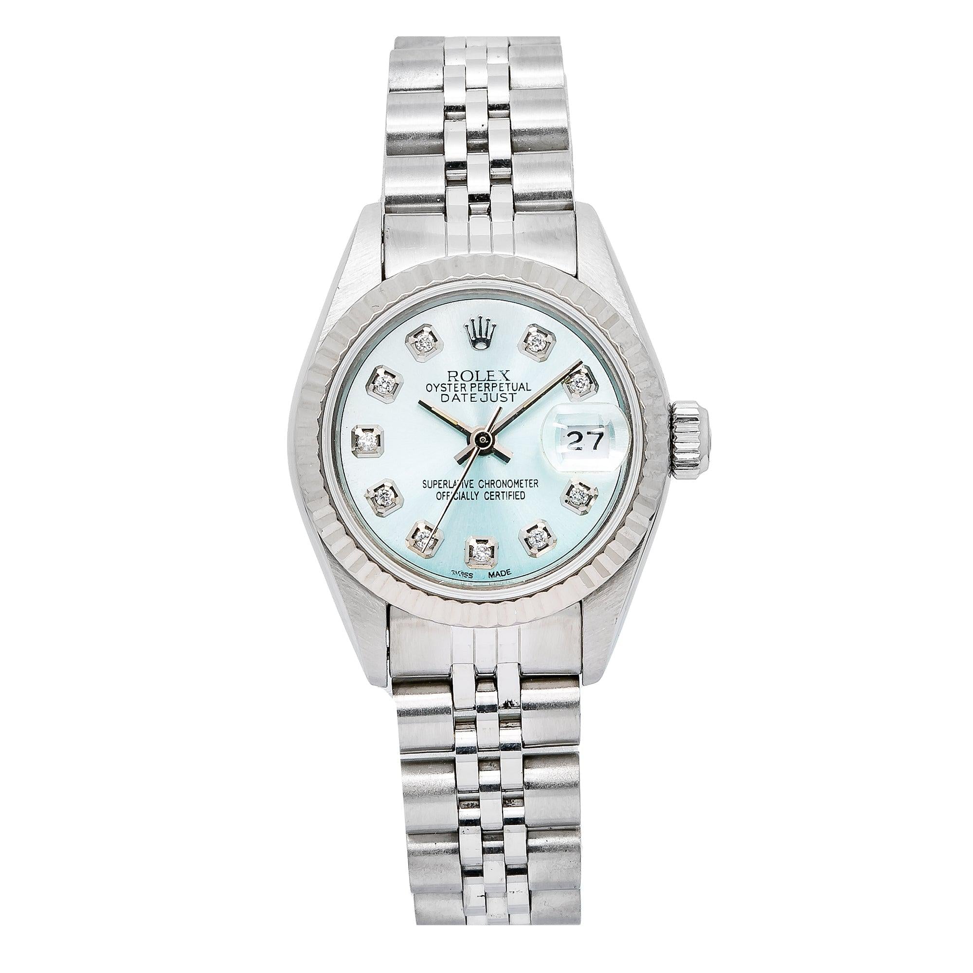 Rolex Datejust 26MM 69174 Ice Blue Diamond Dial White Gold Fluted Bezel Stainless Steel Jubilee Bracelet