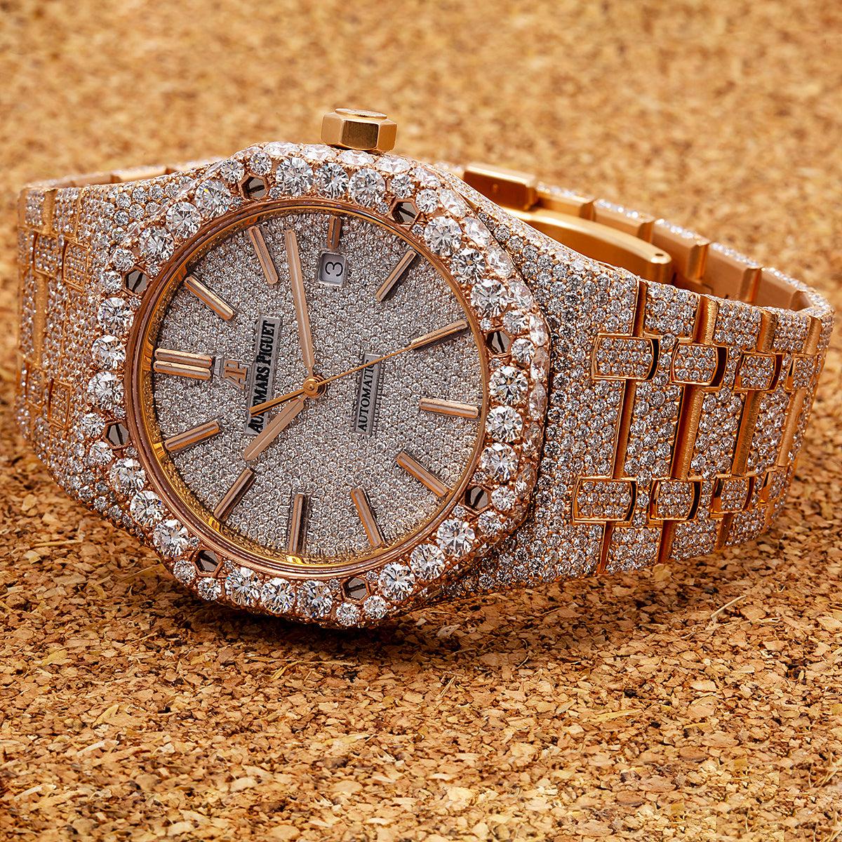 Audemars Piguet Royal Oak Selfwinding 41MM 15400OR Diamond Paved Dial Diamond Bezel 18K Rose Gold Bracelet 27.75ct
