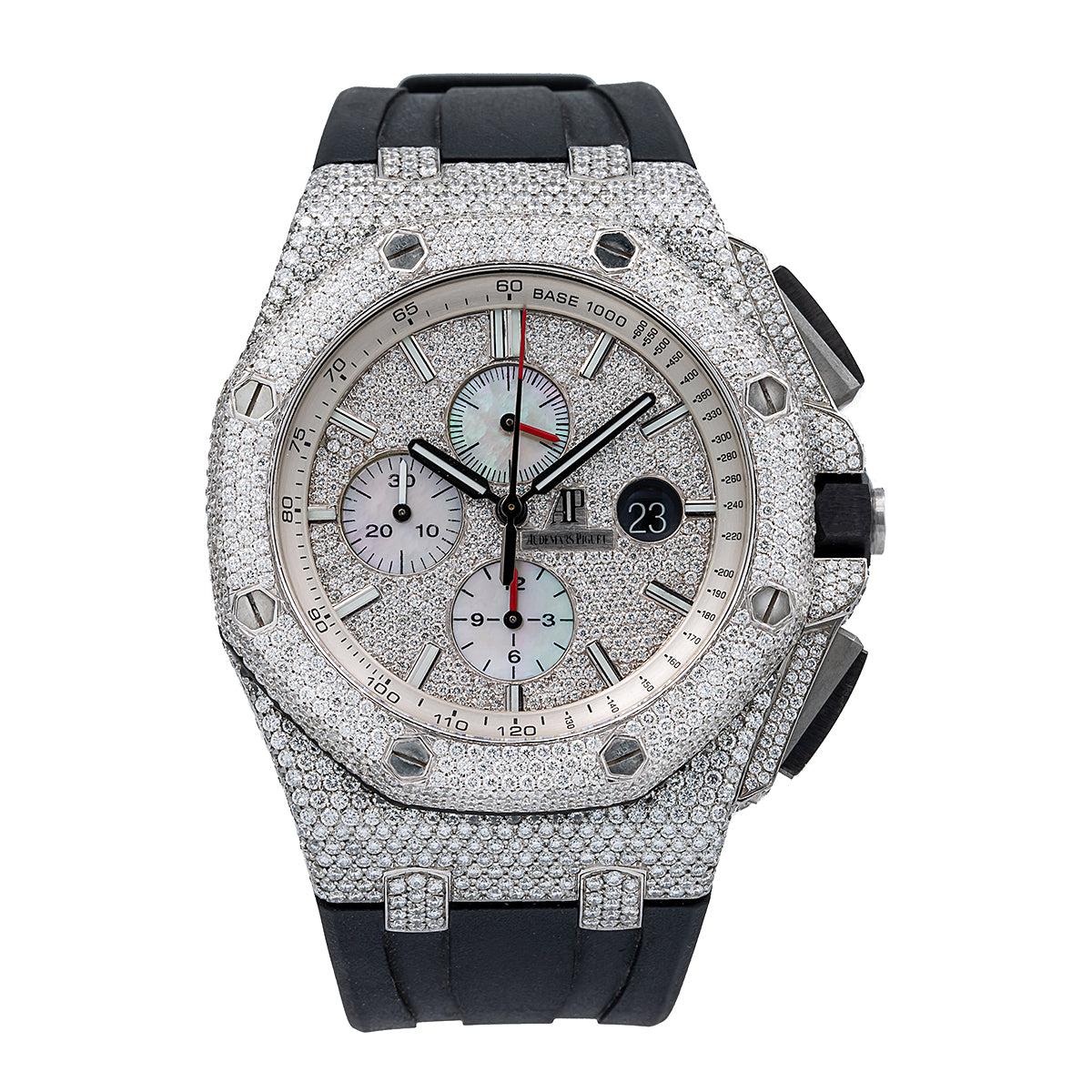 Audemars Piguet Royal Oak Chronograph 44MM 26400SO.OO.A002CA.01 Diamond Paved Dial Diamond Paved Bezel Black Rubber Band 14.09ct