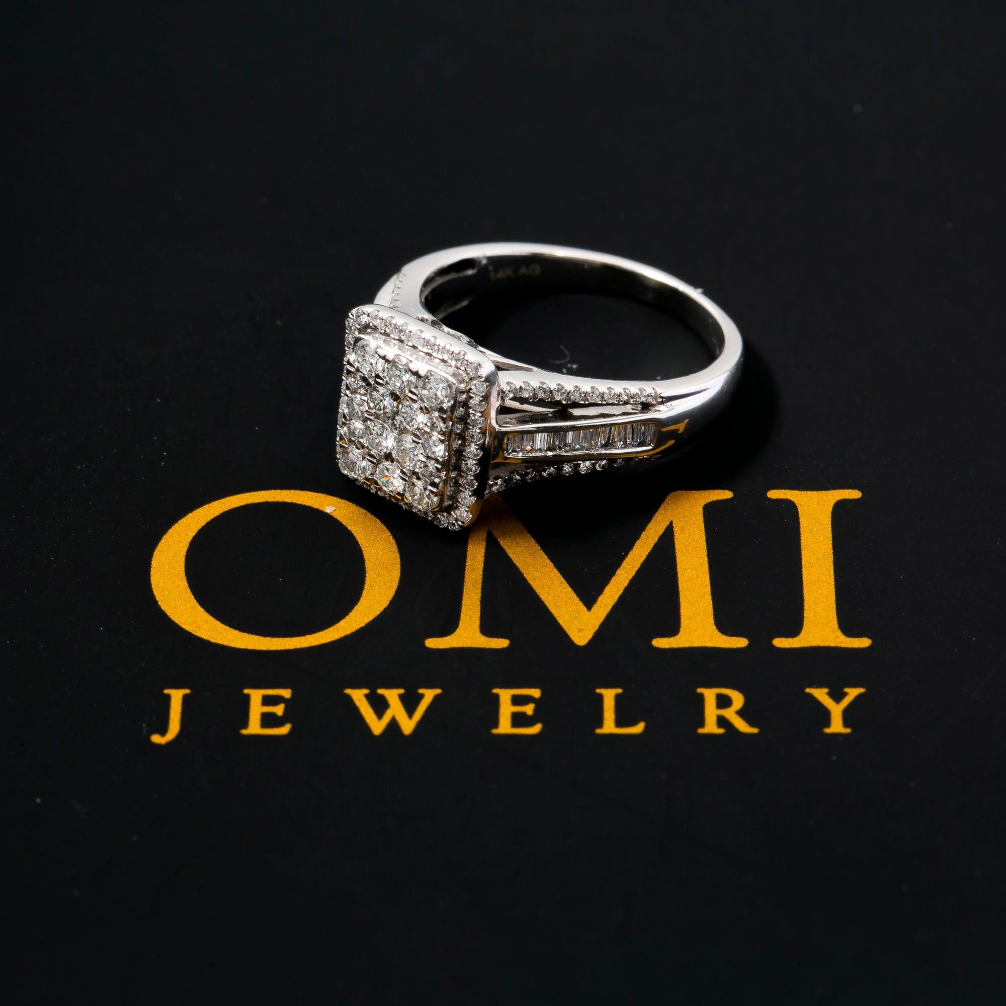 14K WHITE GOLD RECTANGLE CLUSTER ENGAGEMENT RING WITH 1.5 CT DIAMONDS