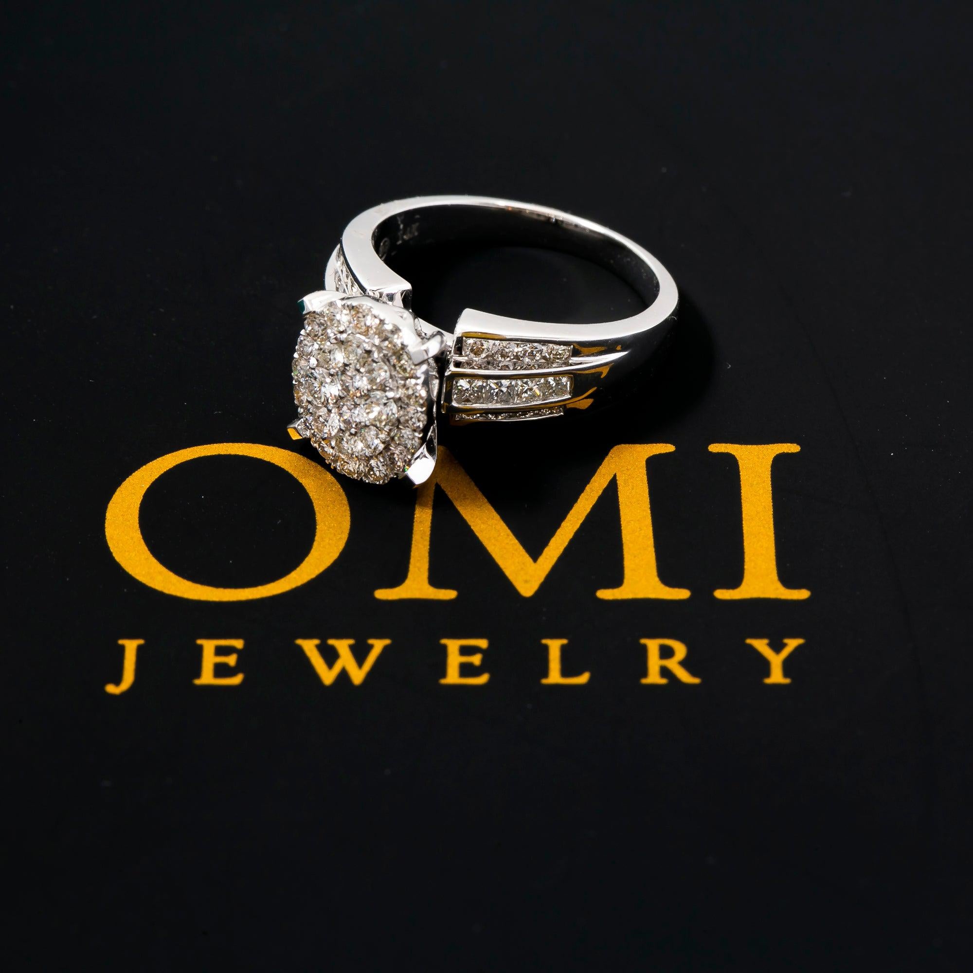 14K WHITE GOLD OVAL CLUSTER ENGAGEMENT RING WITH 1.75 CT DIAMONDS