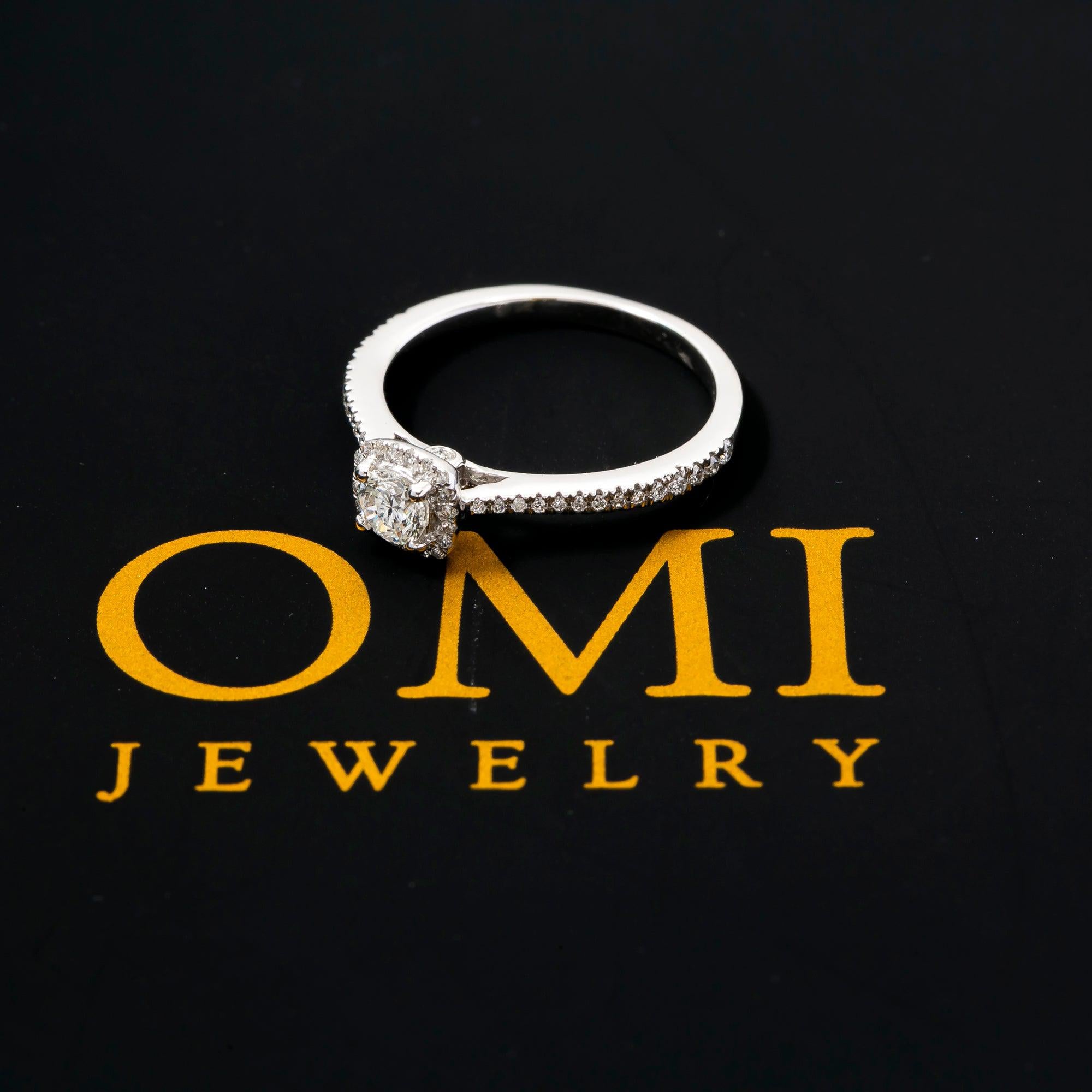 14K WHITE GOLD LADIES CUSHION HALO ENGAGEMENT RING WITH 0.80 CT DIAMONDS