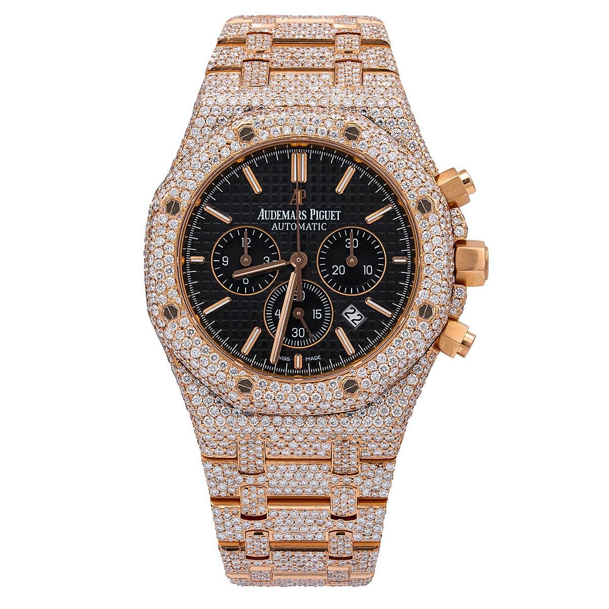 Audemars Piguet Royal Oak Chronograph 41MM 26320OR Black Arabic Dial Diamond Paved Bezel 18K Rose Gold Bracelet 21.75ct