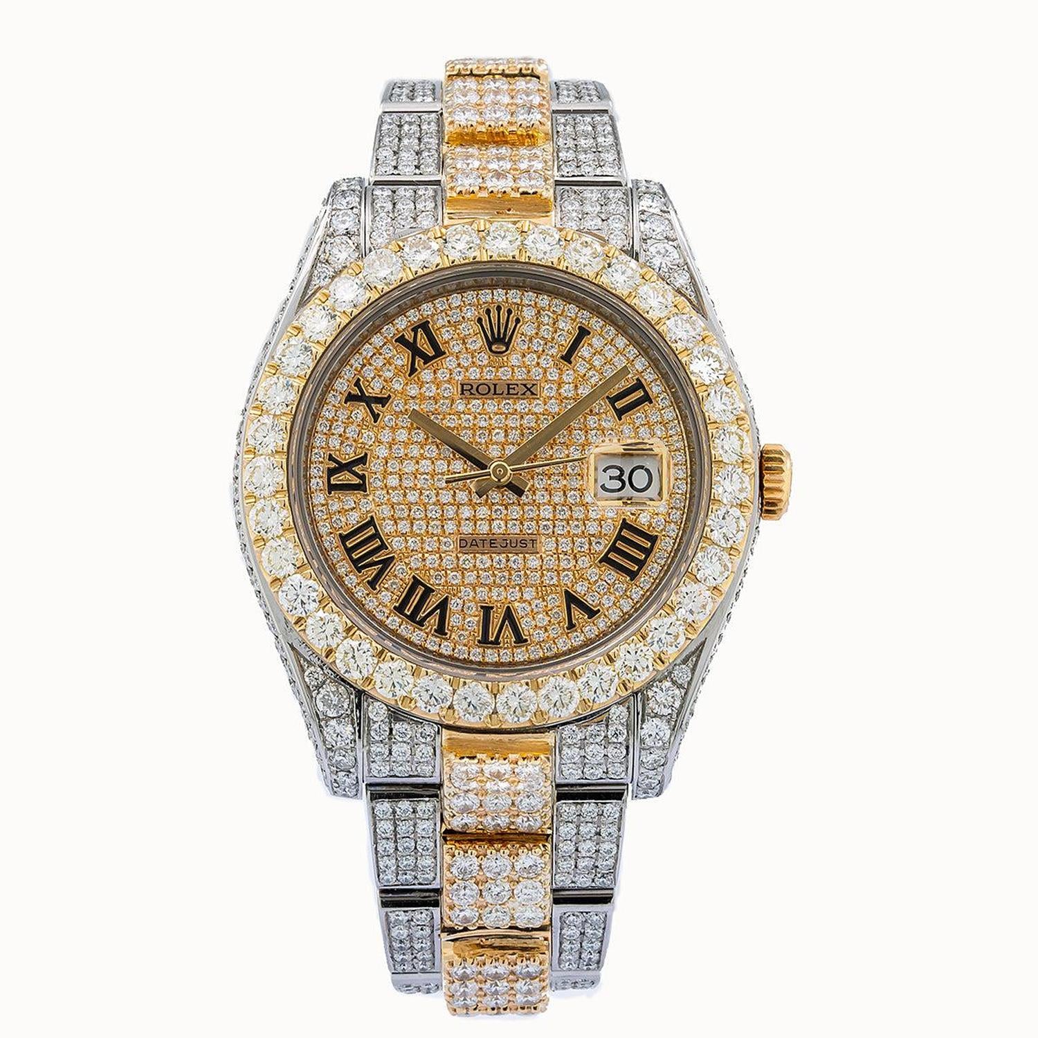 Rolex Datejust II 41MM 116333 Diamond Paved Roman Dial Diamond Bezel Two Tone Full Diamond Oyster Bracelet 19.75ct