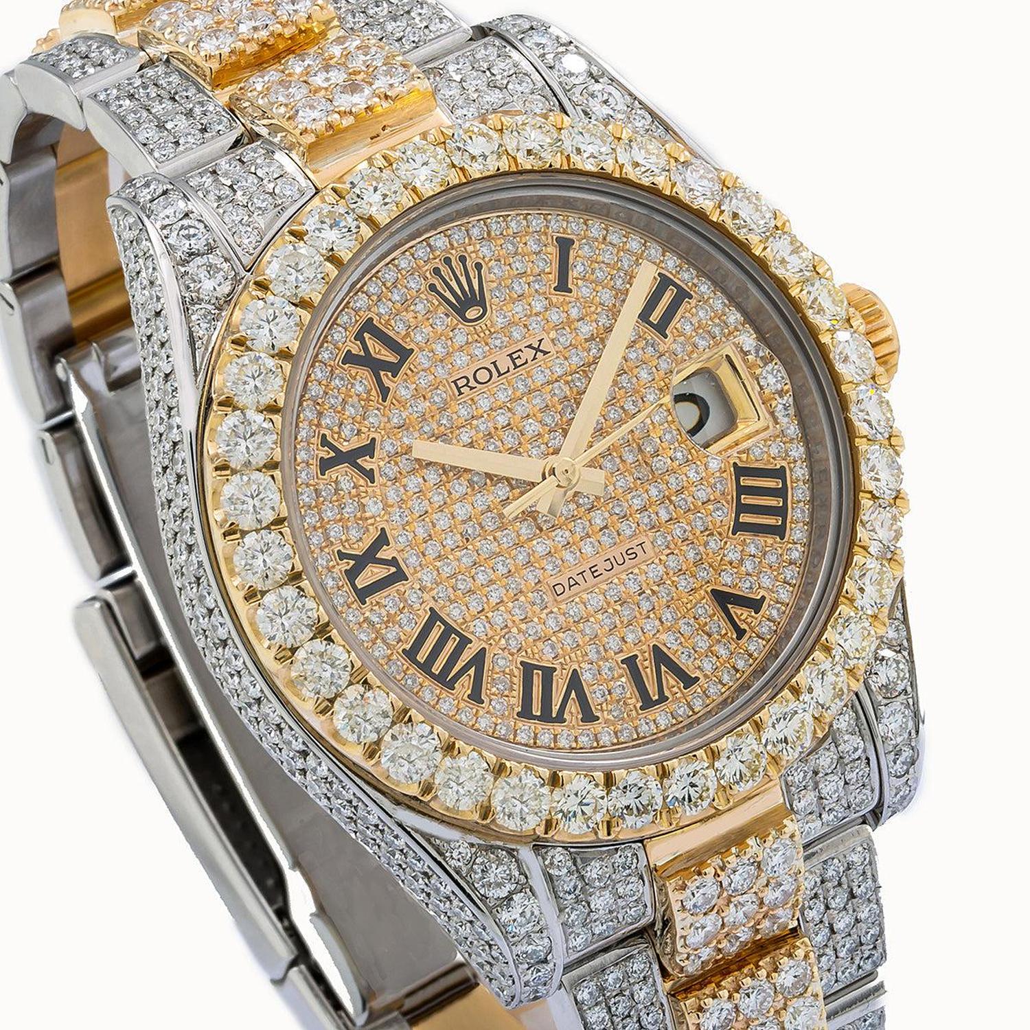 Rolex Datejust II 41MM 116333 Diamond Paved Roman Dial Diamond Bezel Two Tone Yellow Gold Full Diamond Oyster Bracelet 19.75ct